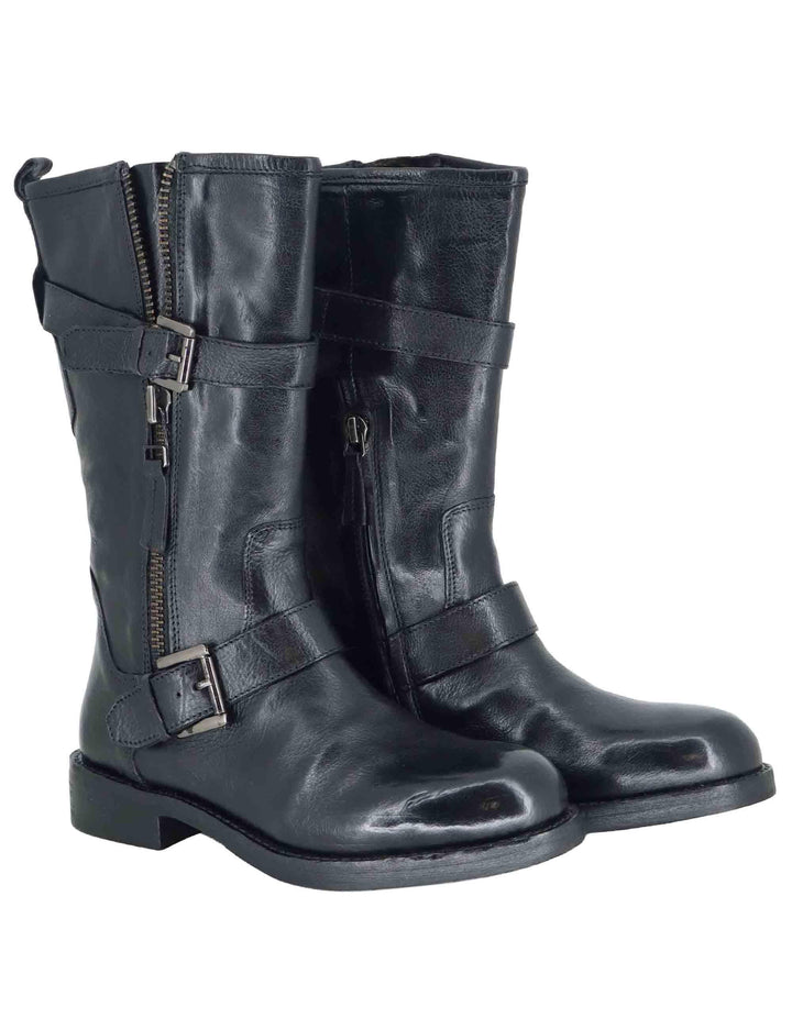Stivaletti donna in pelle nera con tacco basso e cinturini 252-22-23 BLACK Zolfo 