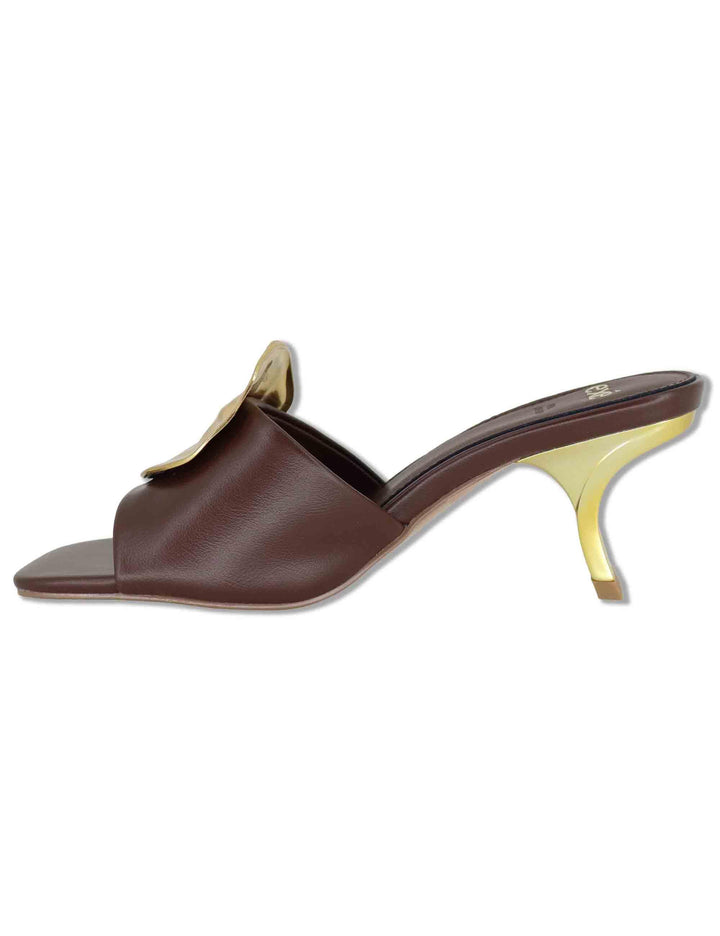 Sandali donna in pelle marrone con accessori diversi e tacco oro W4700212 4J19 Exe 