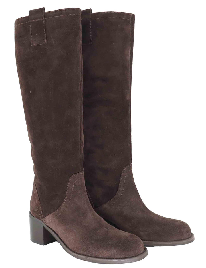 Stivali donna a tubo in camoscio marrone con tacco medio D306 014 Les Venues 