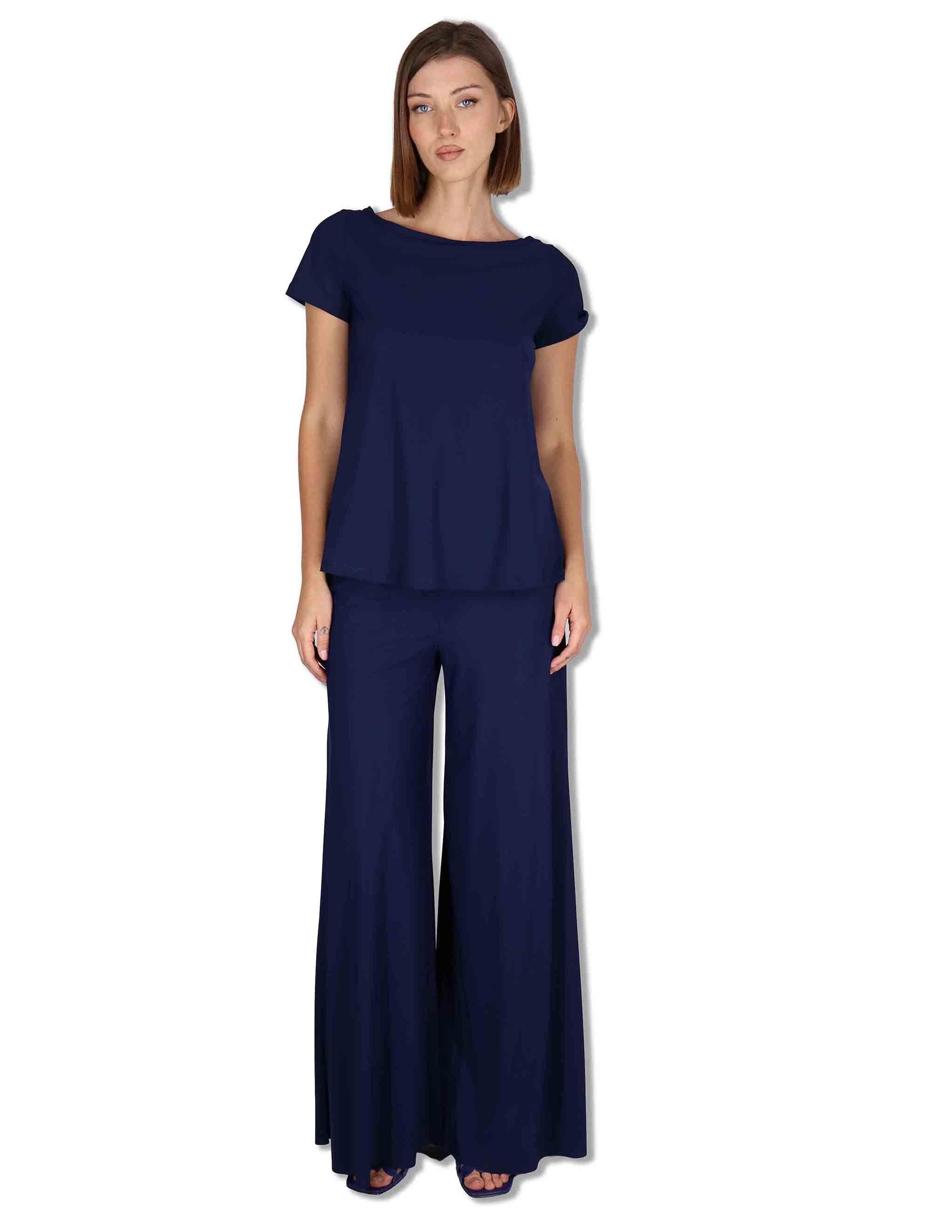Pantaloni donna Soft in Jersy blu con gamba larga ed elastico in vita JH011770210 80043 Maliparmi 