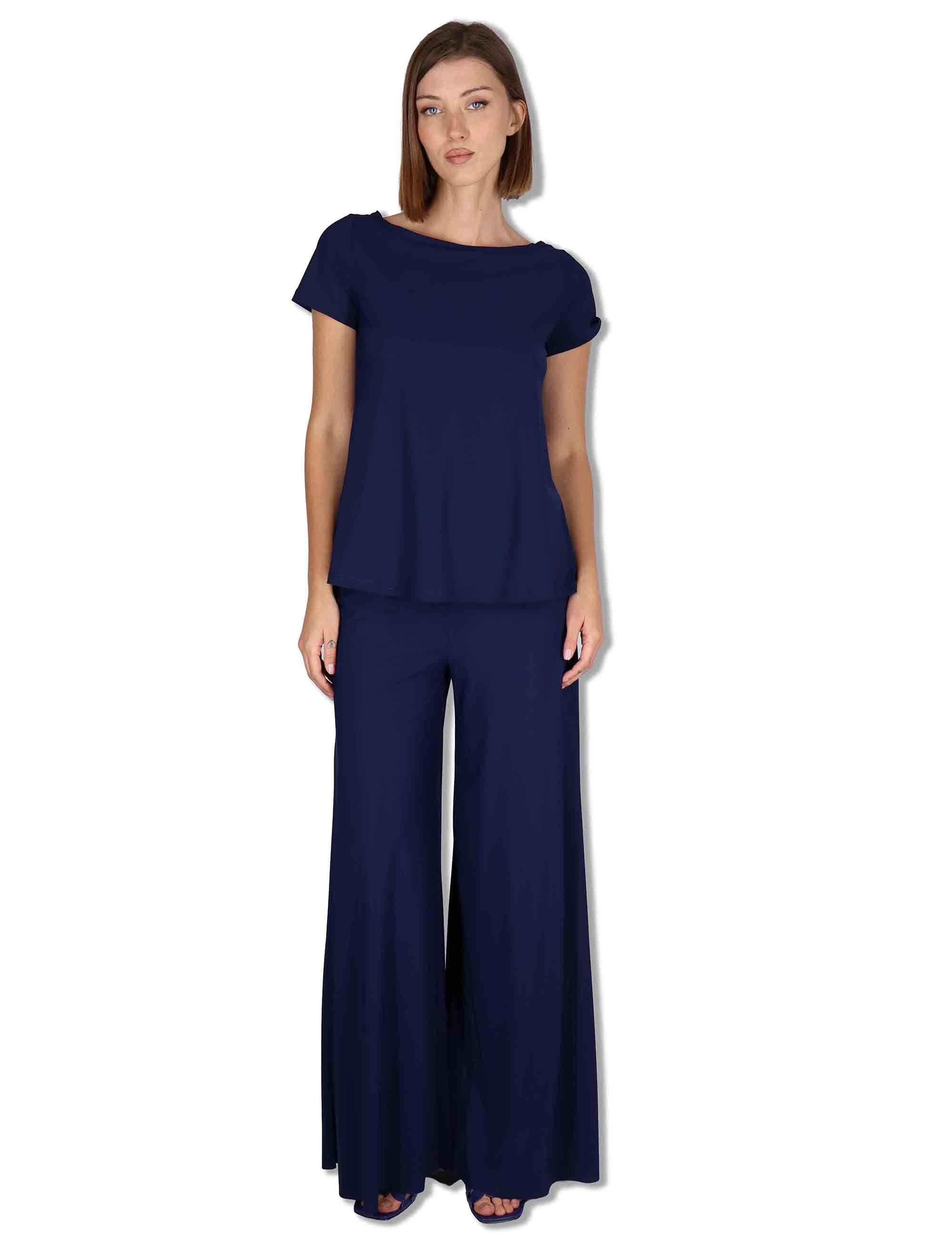 Pantaloni donna Soft in Jersy blu con gamba larga ed elastico in vita JH011770210 80043 Maliparmi 