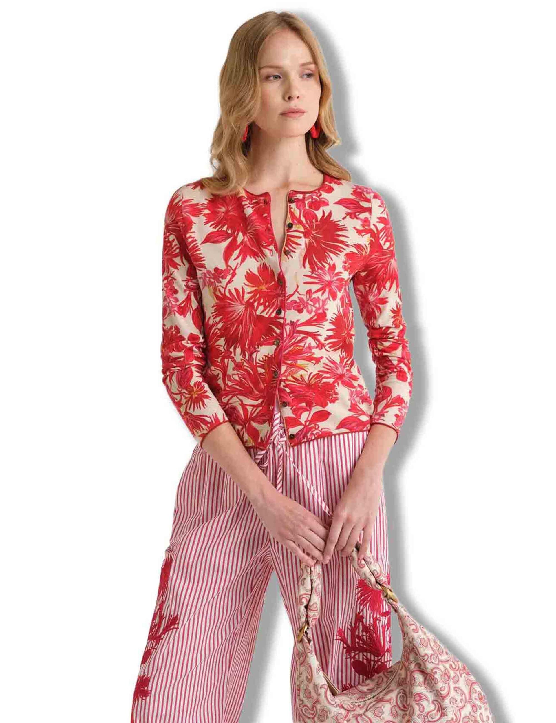 Cardigan donna Cotton Printed in cotone rosso stampato a fantasia JN359978215 B3039 Maliparmi 