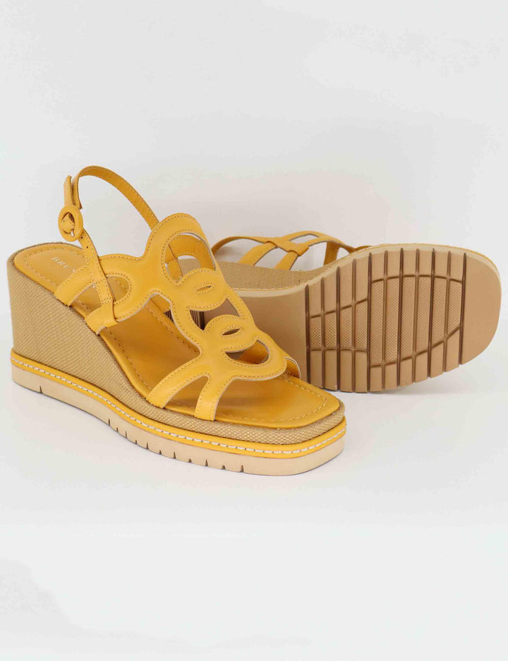 Sandali donna in pelle gialla con zeppa alta in rafia BL5403X 010 Bruno Premi 