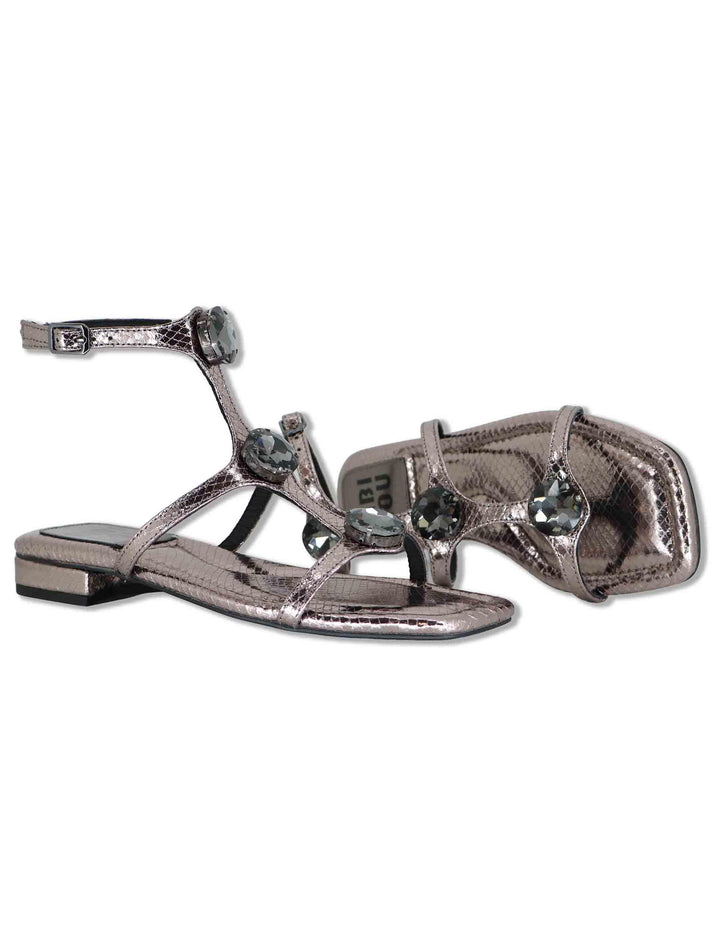 Sandali flat donna in pelle piombo con borchie e cinturini alla schiava Robin 952Z80HG 09-PLOMO Bibi Lou 