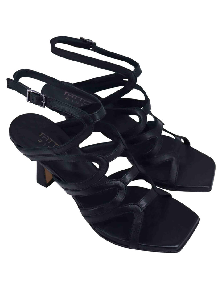 Sandali slingback donna in pelle nera con tacco alto e punta quadra T1025 001 Tattoo 