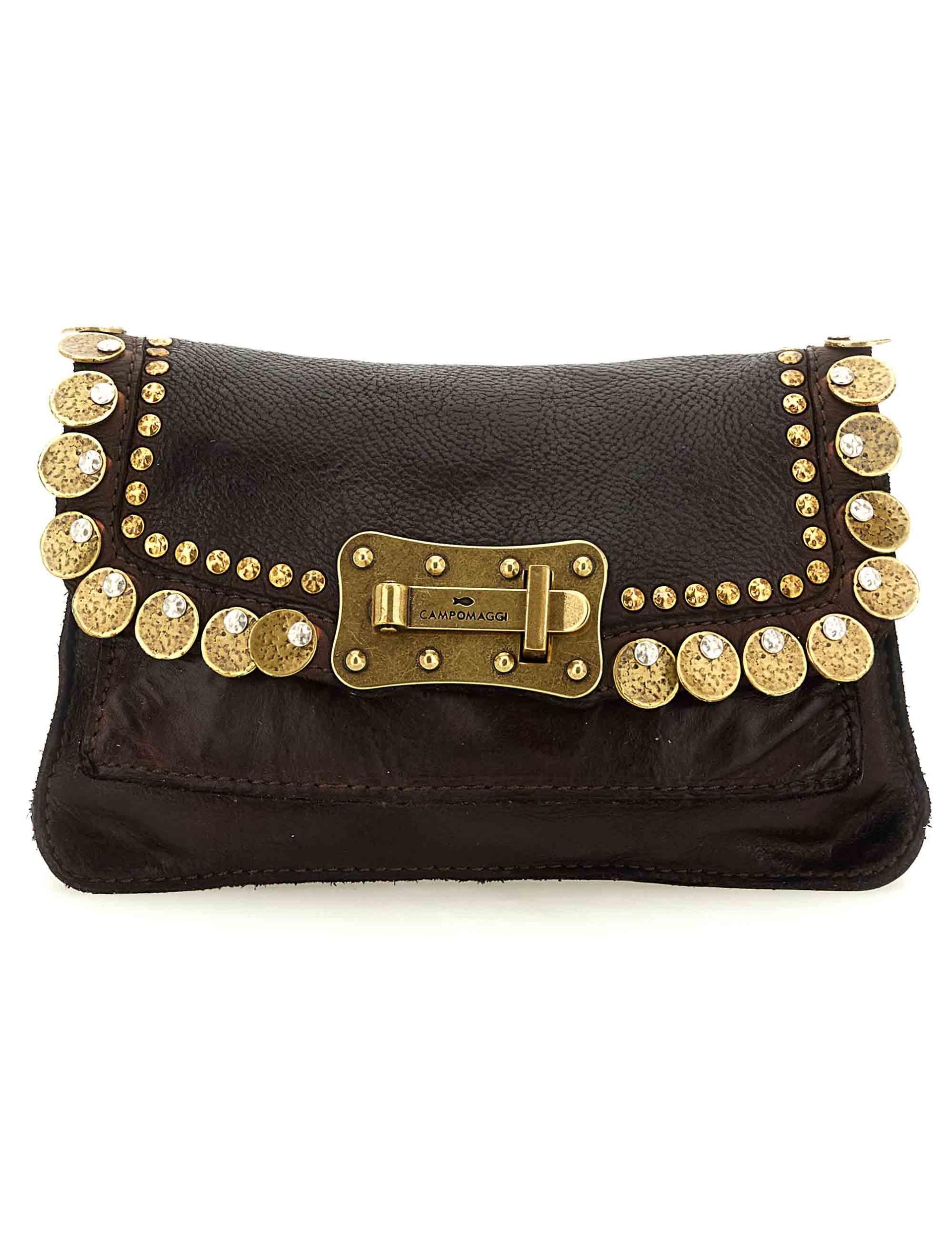 Borse donna Agnese in pelle marrone con borchie oro e doppie tracolle C026100ND X3010 C1501 Campomaggi 