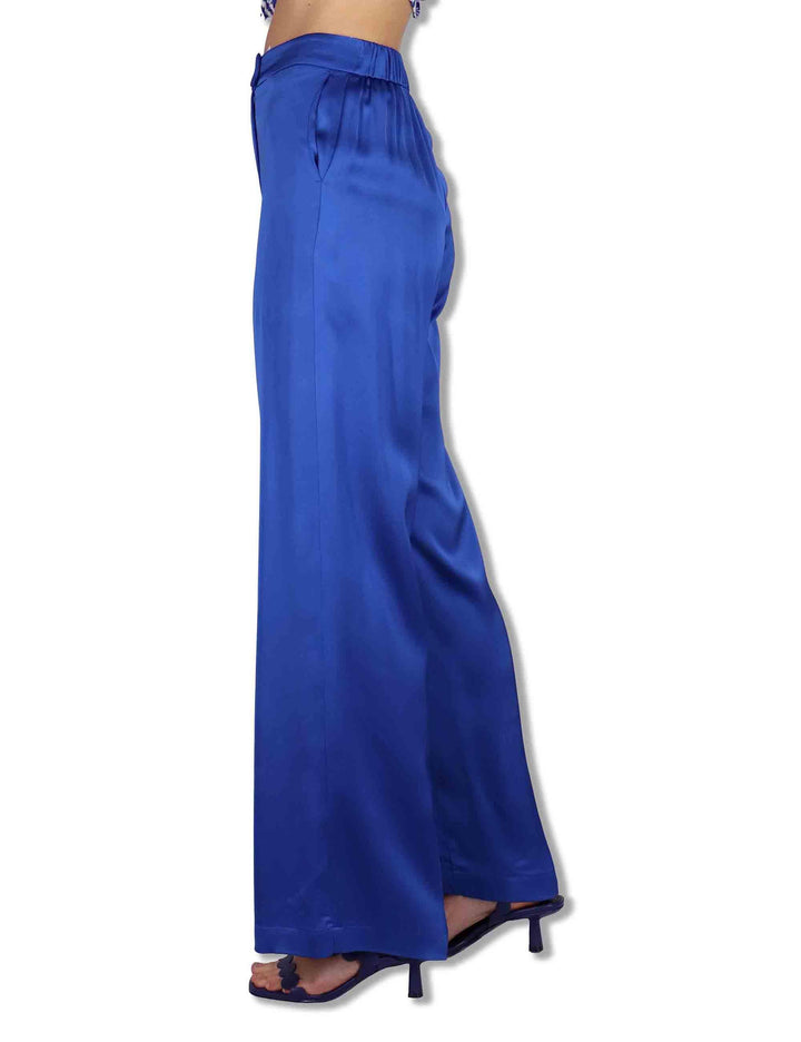 Pantaloni donna Shiny Cady in viscosa blu con gamba larga JH807550631 80059 Maliparmi 