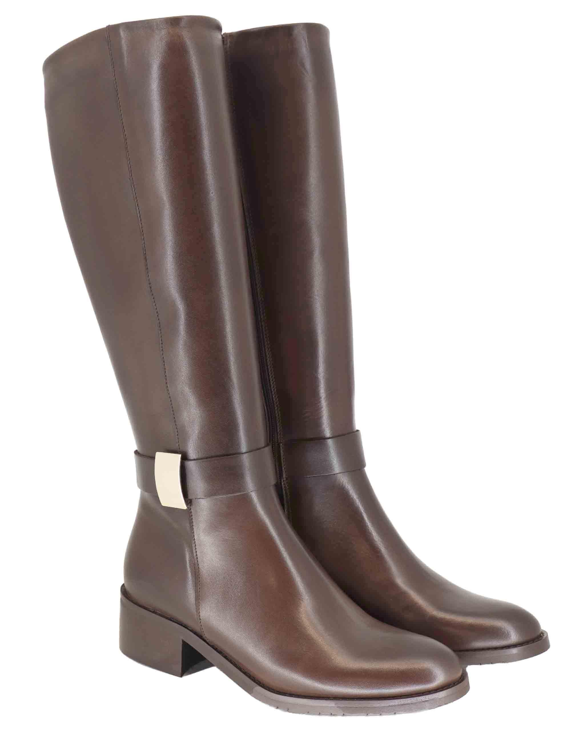 Stivali donna in pelle marrone con fibbia oro laterale SPST7005 014 Spatarella 