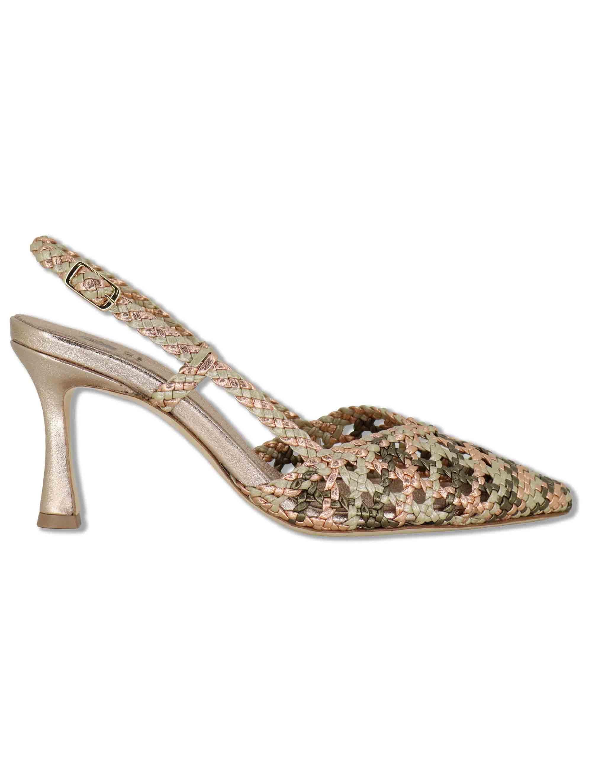 Sandali donna in pelle intrecciata oro con punta chiusa e tacco alto CH1767/RT CV400 L'Arianna 