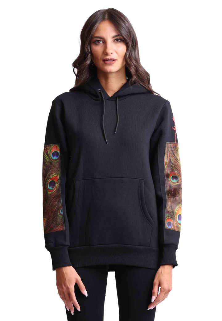 Felpa donna con cappuccio in tessuto nero e stampa in seta HOODIE PAVONE Bastille 