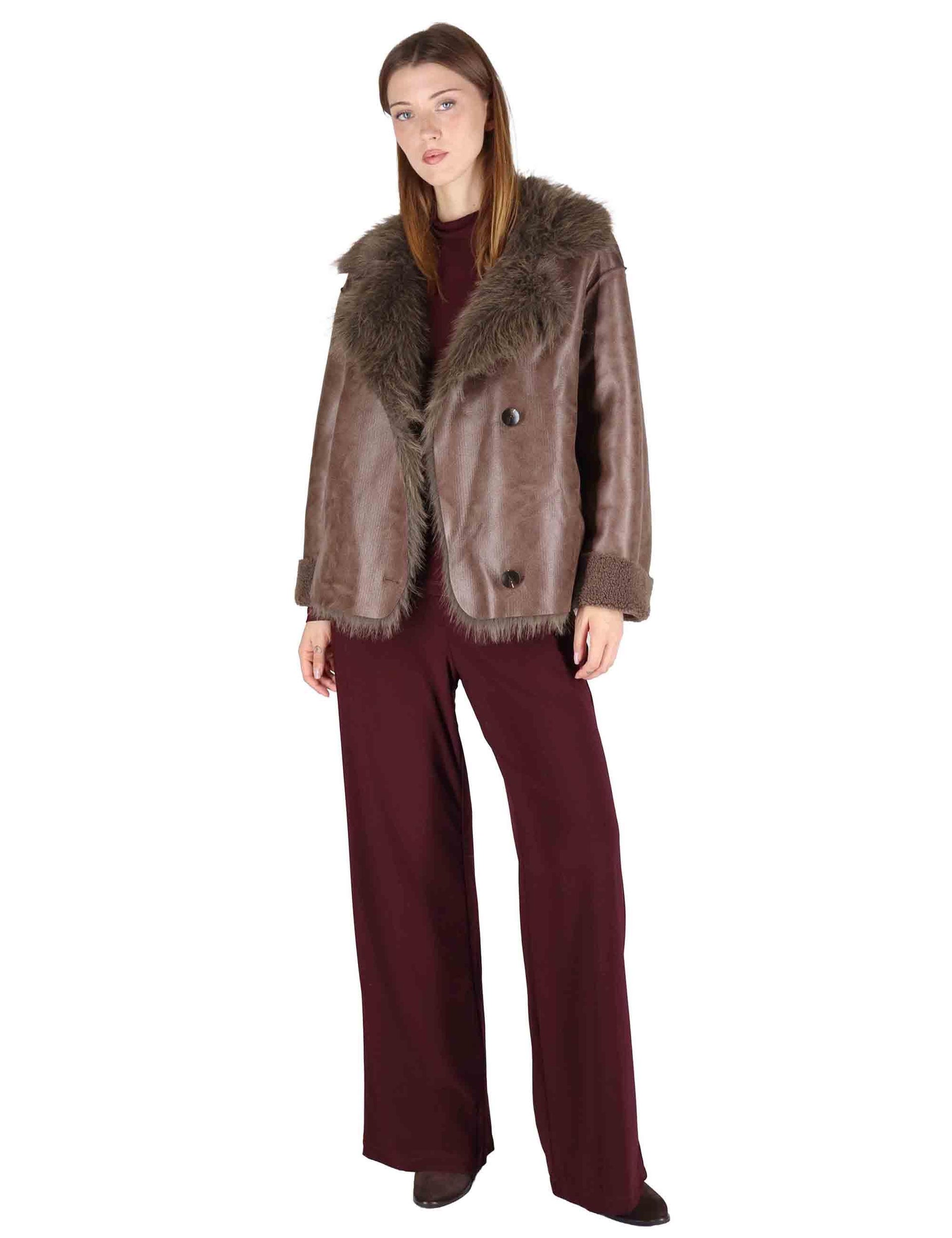 Giacche donna in eco fur marrone doppiopetto con risvolti SP25352 BROWN Spatarella 