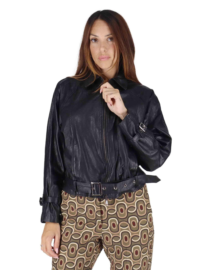Giubbini donna in pelle nera taglio chiodo con cintura in vita SP2471 001 Spatarella 