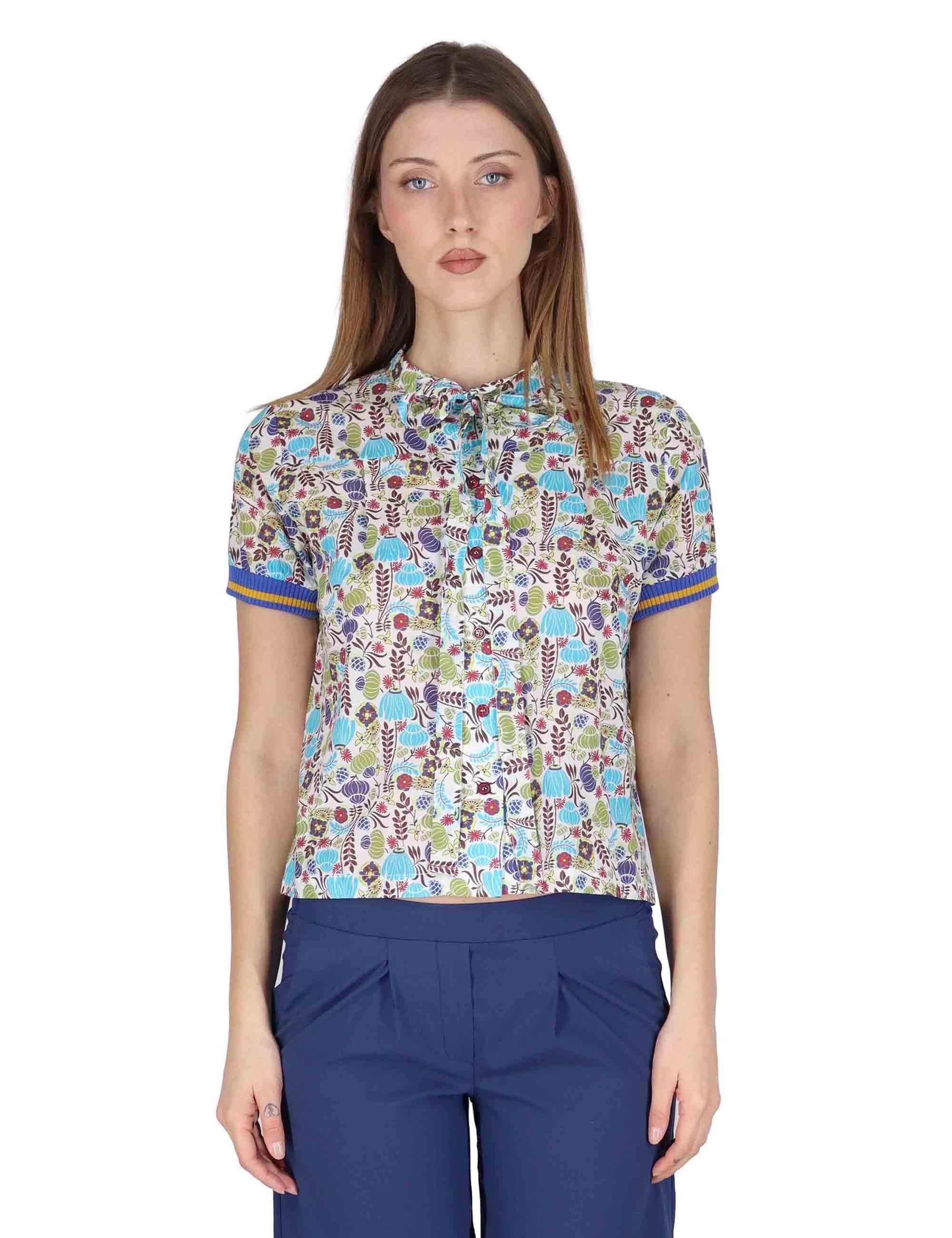 Camicie donna Ribbon Blouse in cotone blu a fantasia mezze maniche JABCM0001-F1395-1229 6005 Justmine 