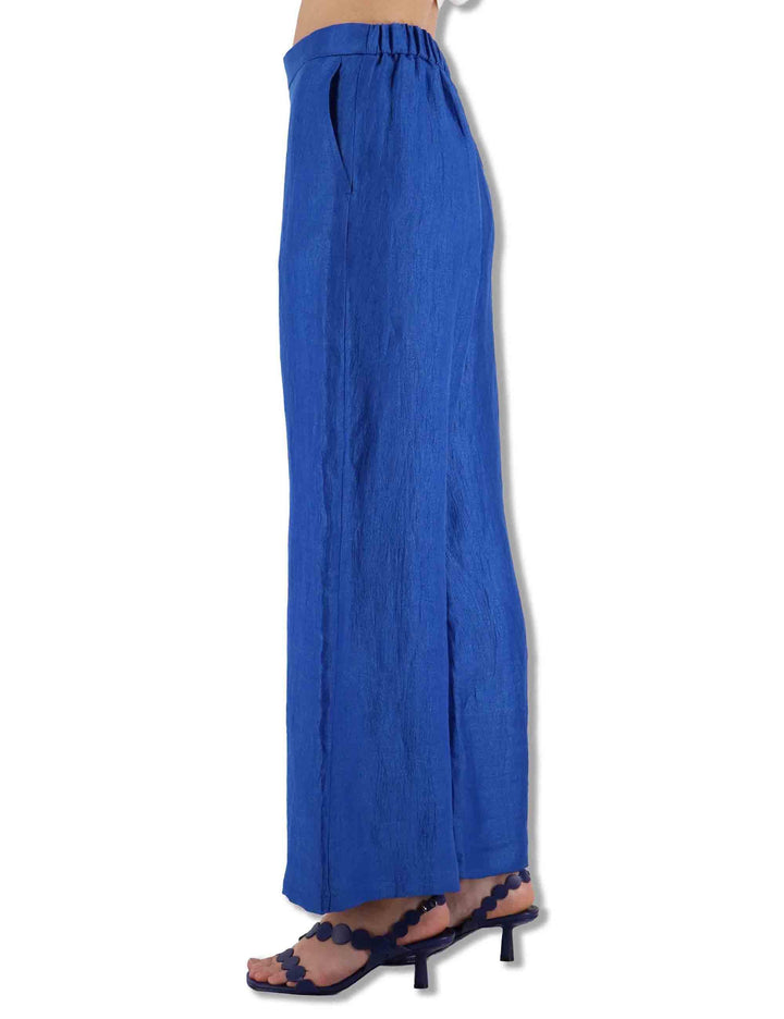 Pantaloni donna Jacquard in lino monocolore blu con tasche laterali JH805340102 80059 Maliparmi 