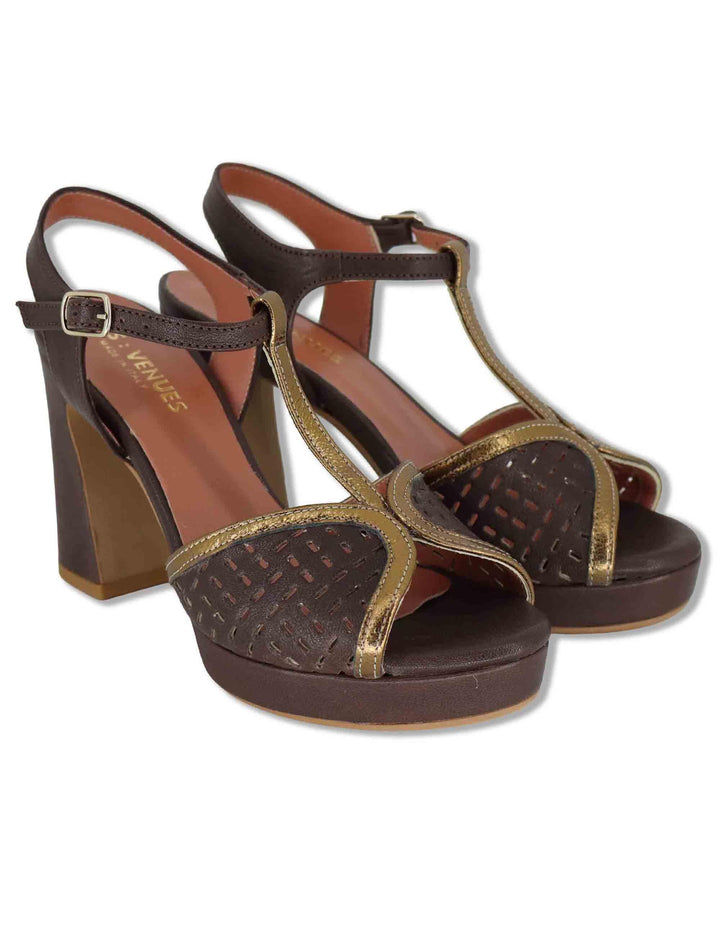 Sandali donna in pelle marrone e oro tacco alto e plateau con conturino 6267K 014 Les Venues 