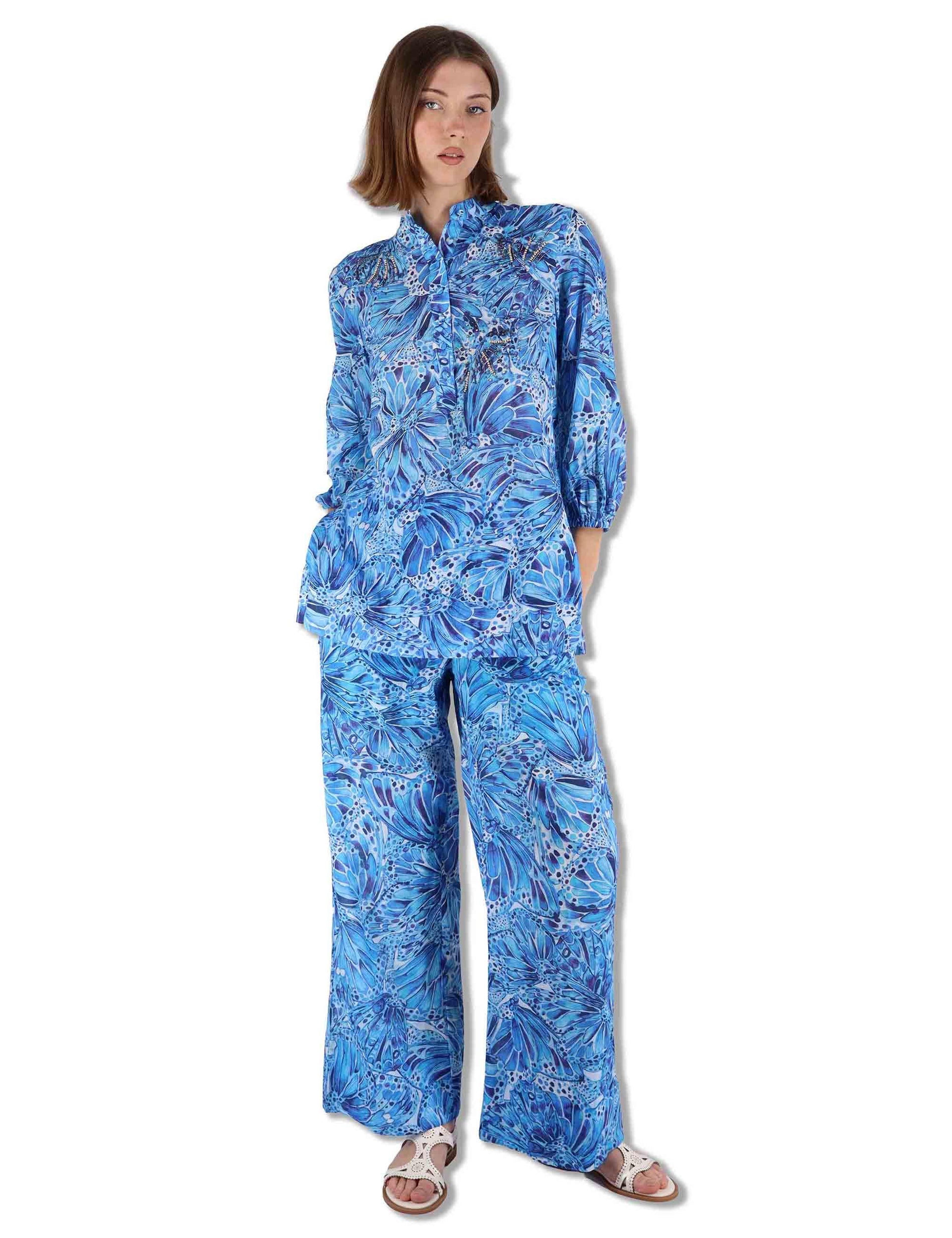 Camicie donna Sweet Butterfly in cotone stampato azzurro maniche 3/4 JM557415217 A8186 Maliparmi 