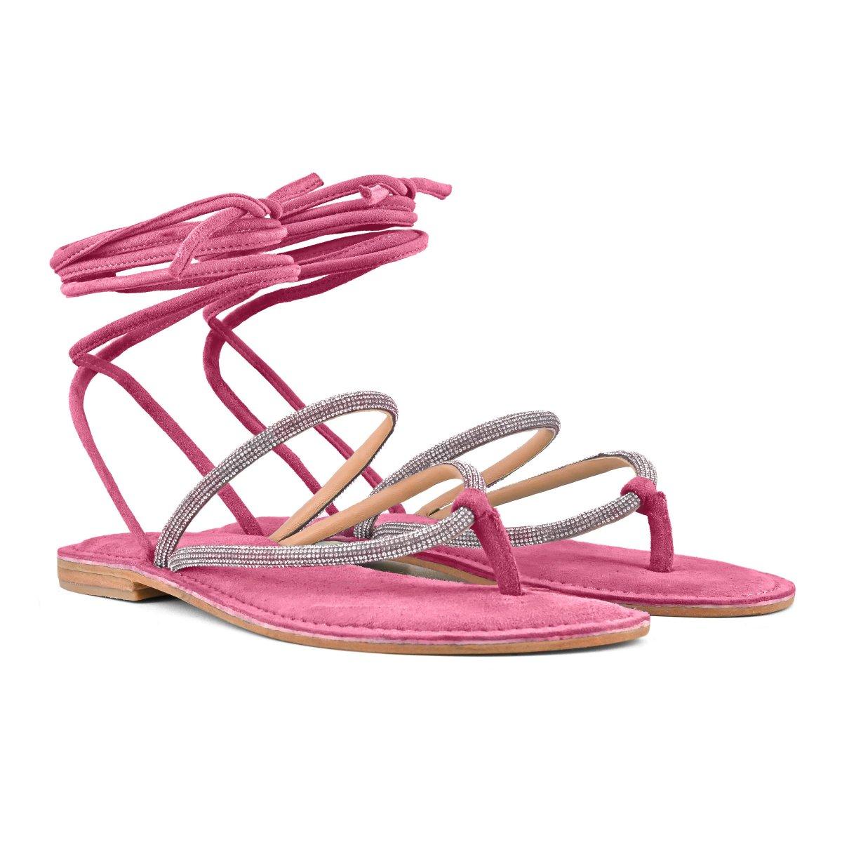 Sandali flat donna infradito in camoscio fuxia con strass e lacci alla caviglia 223019 FUX Coral Blue 