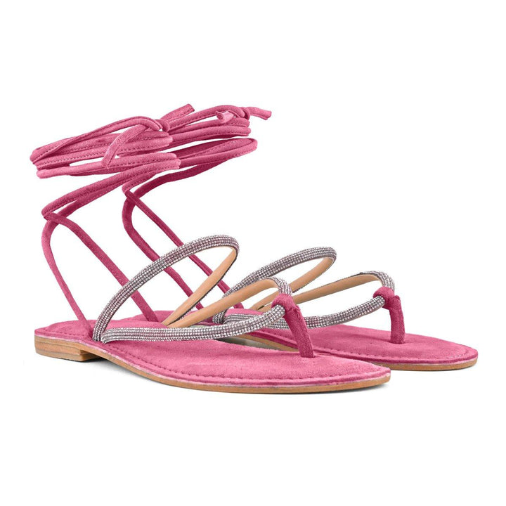 Sandali flat donna infradito in camoscio fuxia con strass e lacci alla caviglia 223019 FUX Coral Blue 