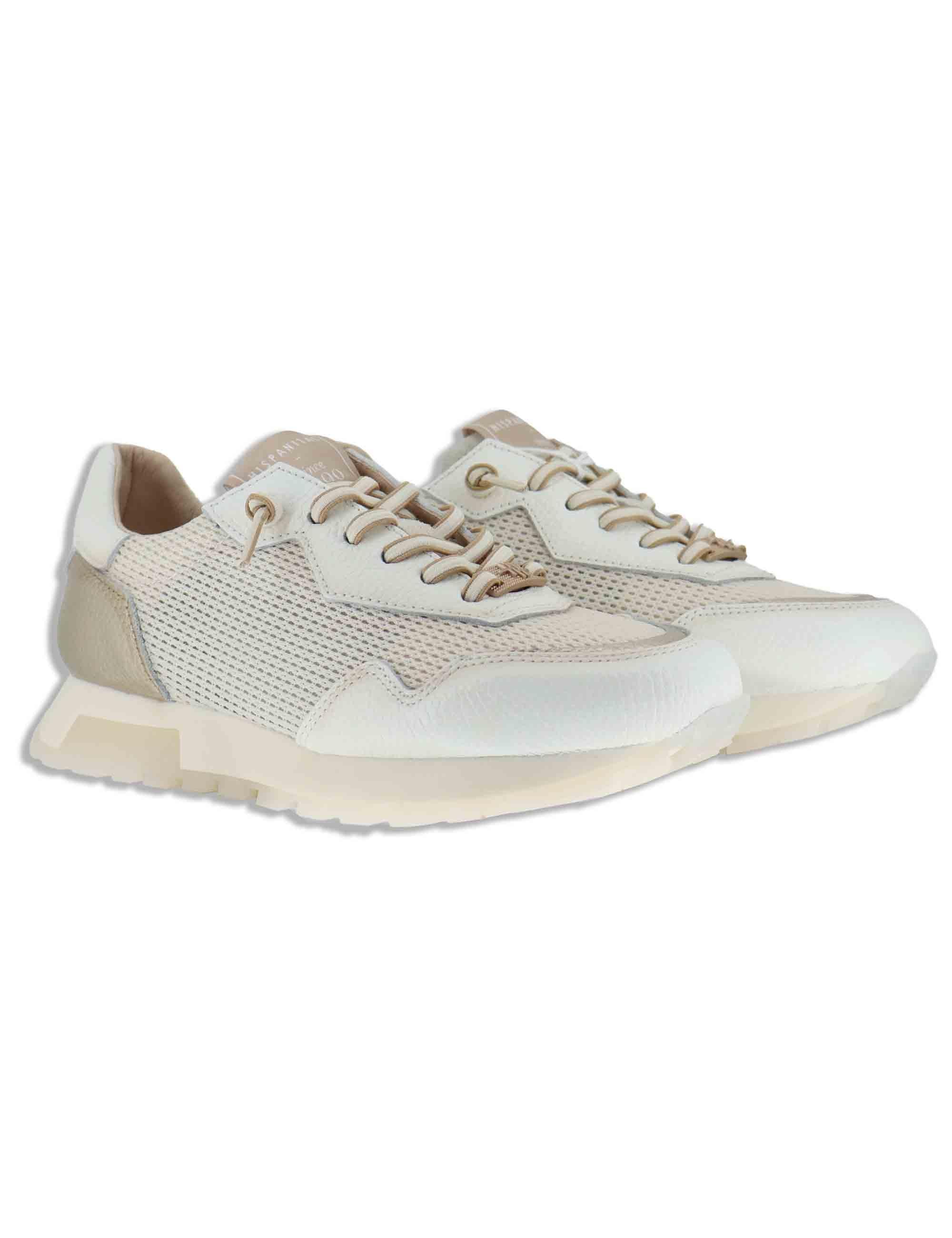 Sneakers donna in pelle e tessuto off white con riporti in pelle platino HV264825 PANNA Hispanitas 