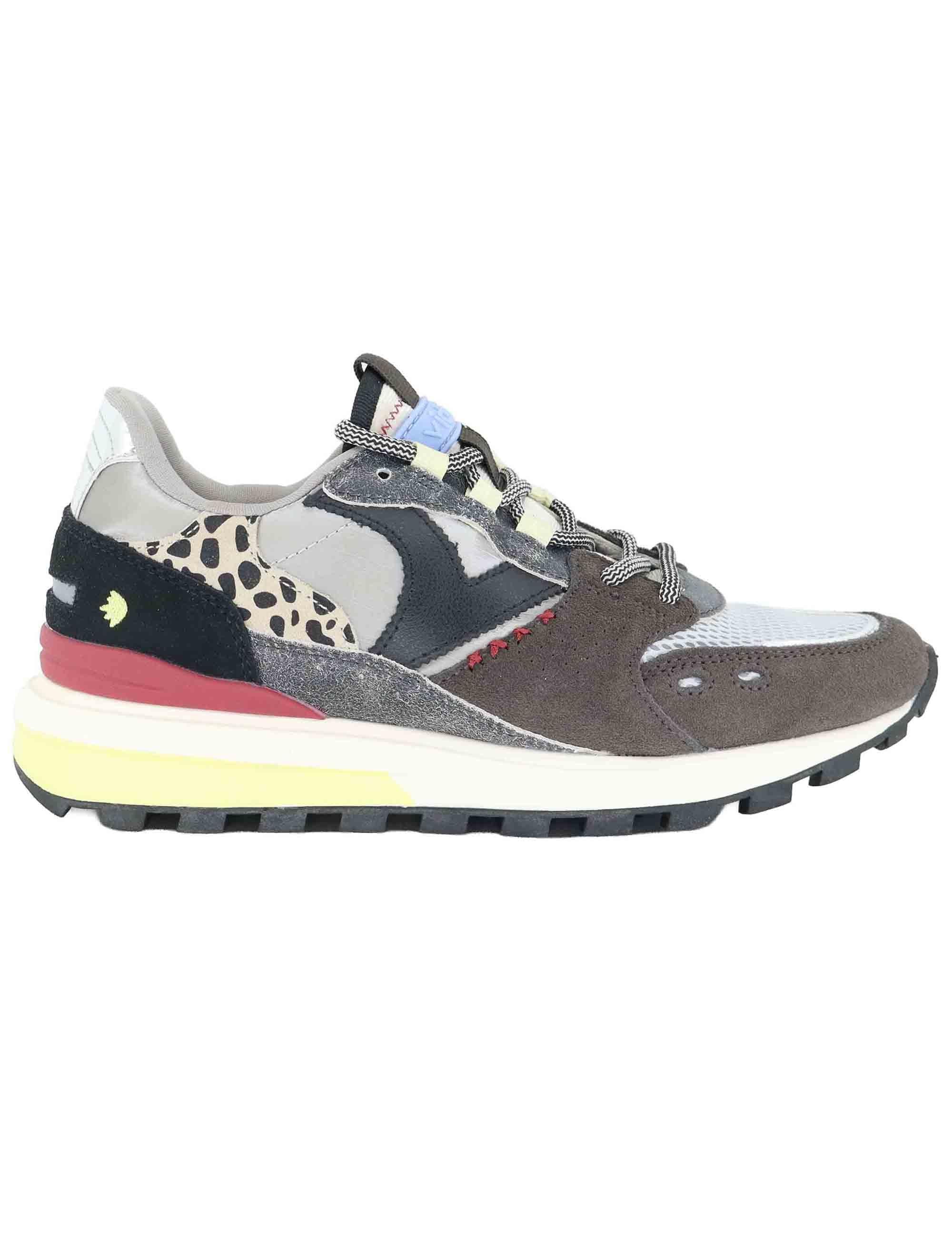 Sneakers donna in pelle nera e tessuto con animalier 1156113 Negro Victoria 