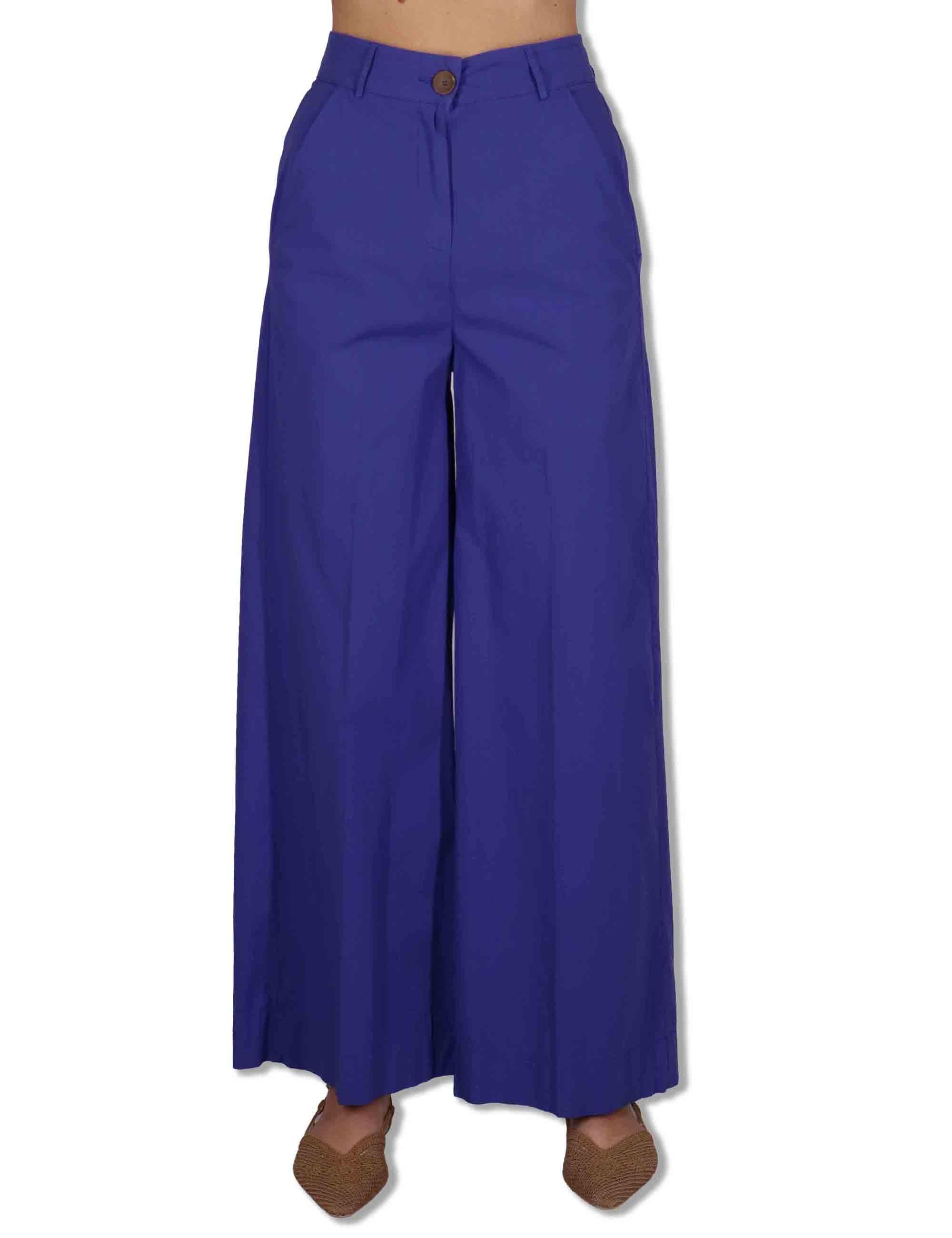 Pantaloni donna in cotone stretch blu a gamba larga PILEA OVO_IRIS TreBarraBi 