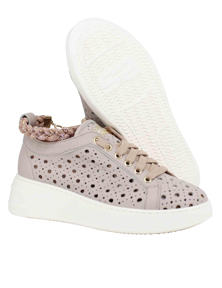 Sneakers donna in pelle forata taupe con cavigliera in strass 130 D 026 Stokton 