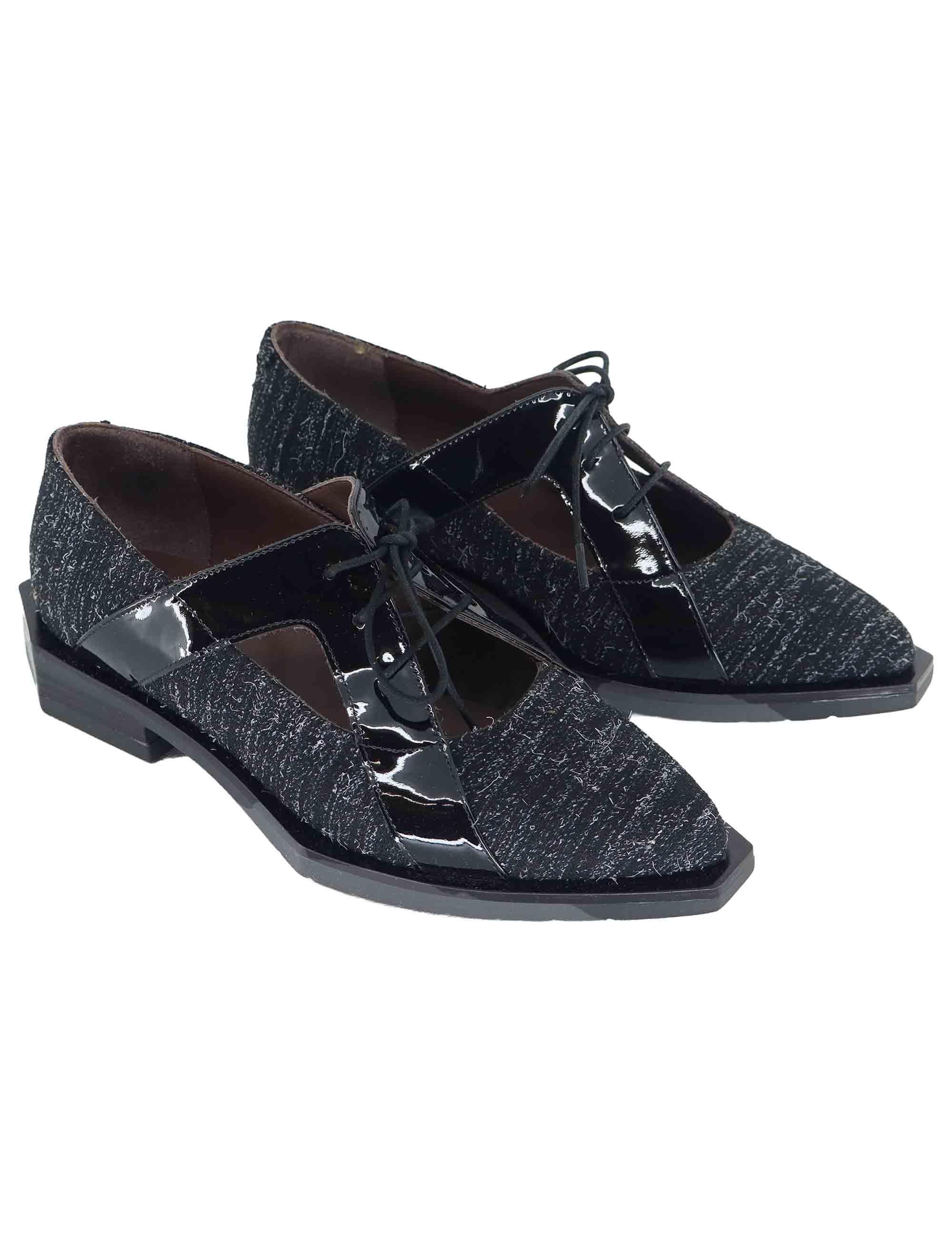 Stringate donna in tessuto nero con riporti in vernice e tacco basso G19 2 Le Bohemien 