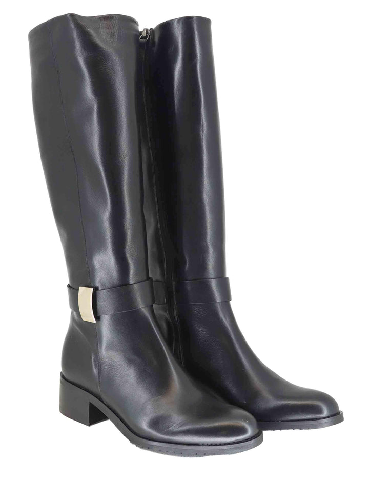 Stivali donna in pelle nera con fibbia oro laterale SPST7005 001 Spatarella 