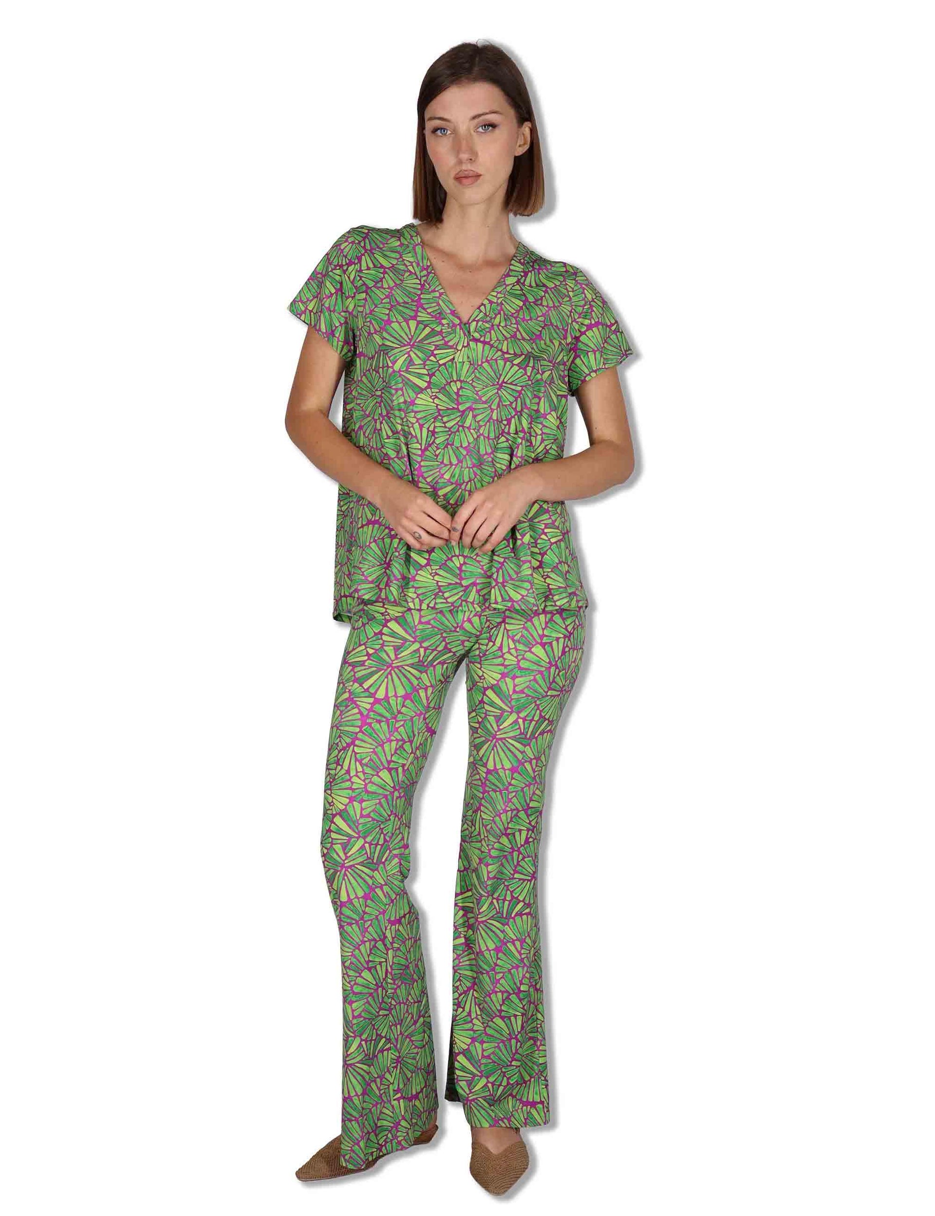 Pantaloni donna Shell in tessuto stampato viola e verde con elastico in vita JH719570672 A5032 Maliparmi 