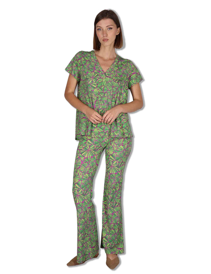 Pantaloni donna Shell in tessuto stampato viola e verde con elastico in vita JH719570672 A5032 Maliparmi 