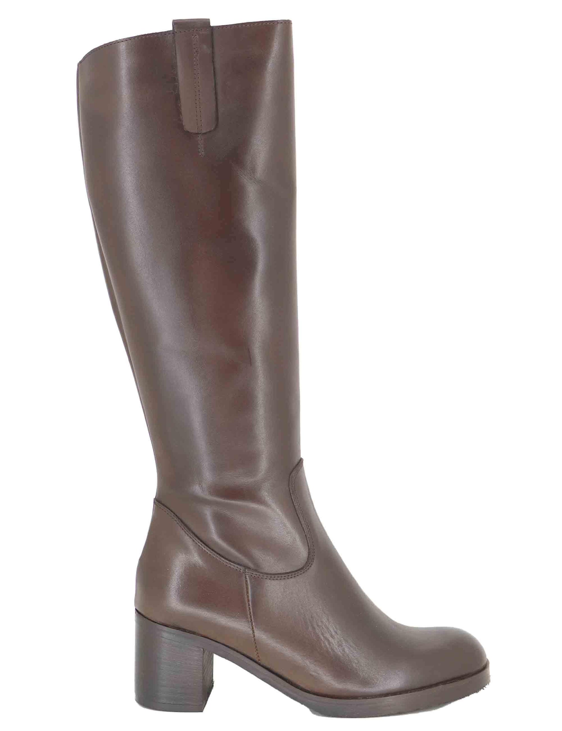 Stivali donna in pelle marrone con tacco alto in cuoio e zip laterale SPST6000 014 Spatarella 