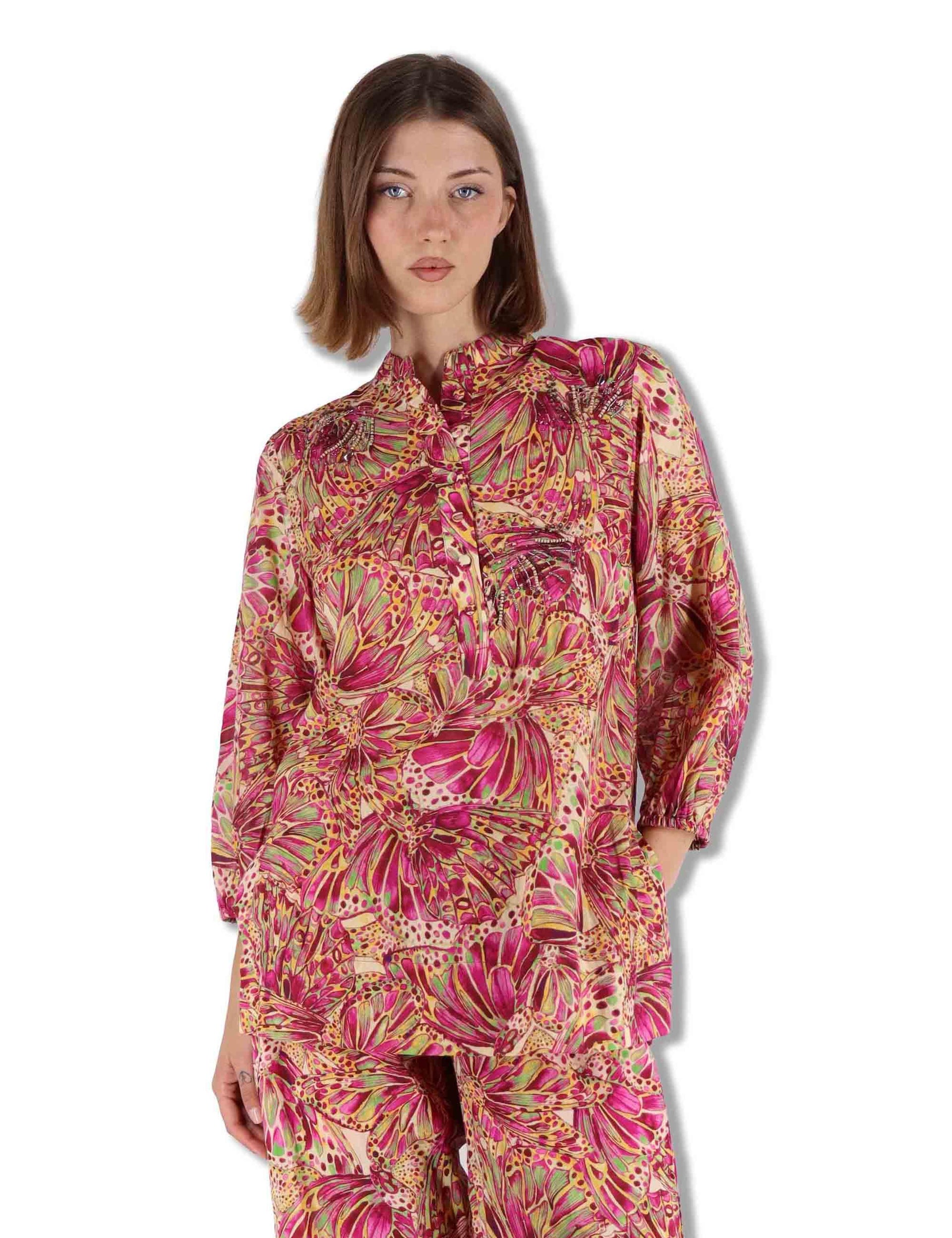 Camicie donna Sweet Butterfly in cotone stampato rosso maniche 3/4 JM557415217 B7008 Maliparmi 