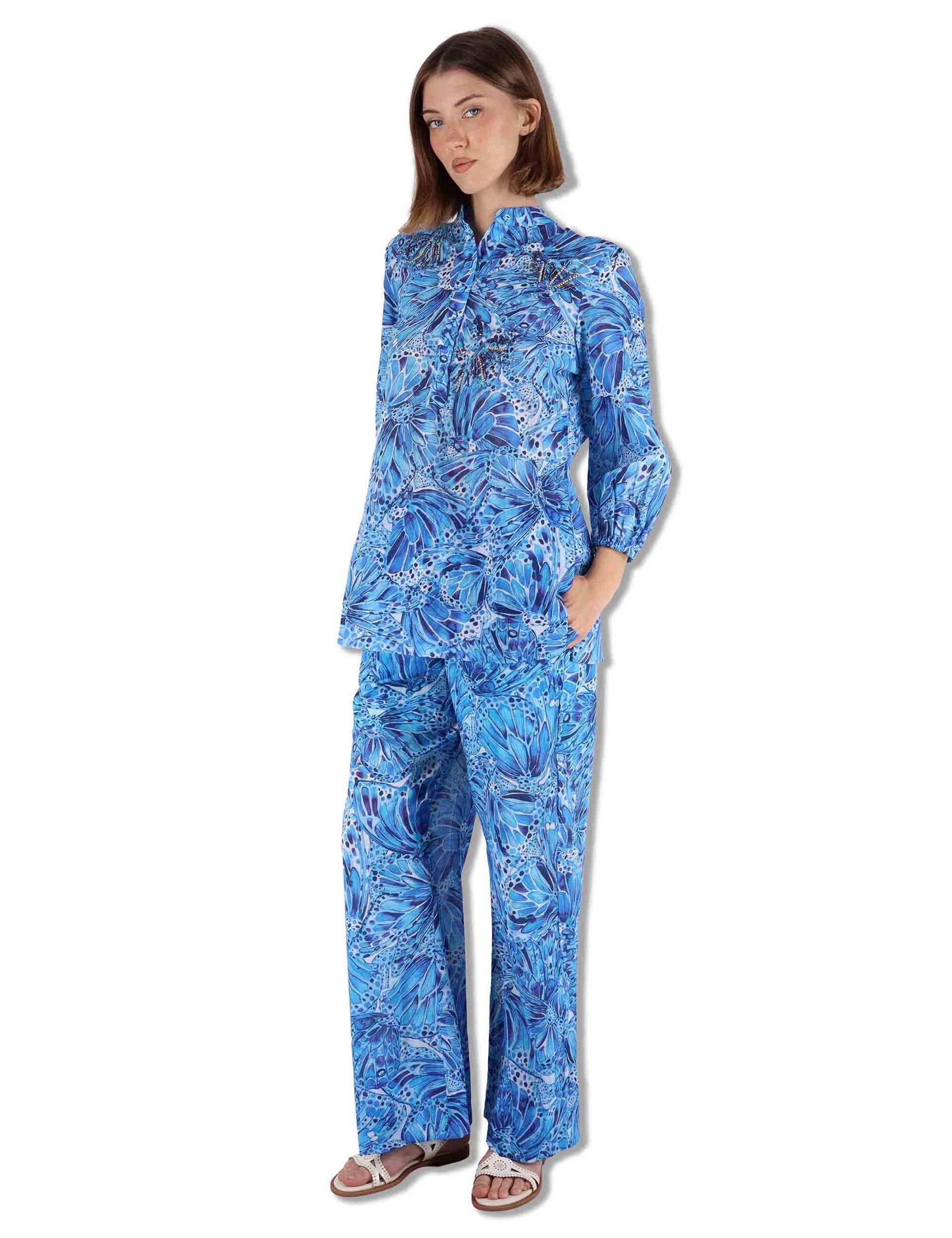 Pantaloni donna Sweet Butterfly in leggero cotone a fantasia blu JH805415217 A8186 Maliparmi 