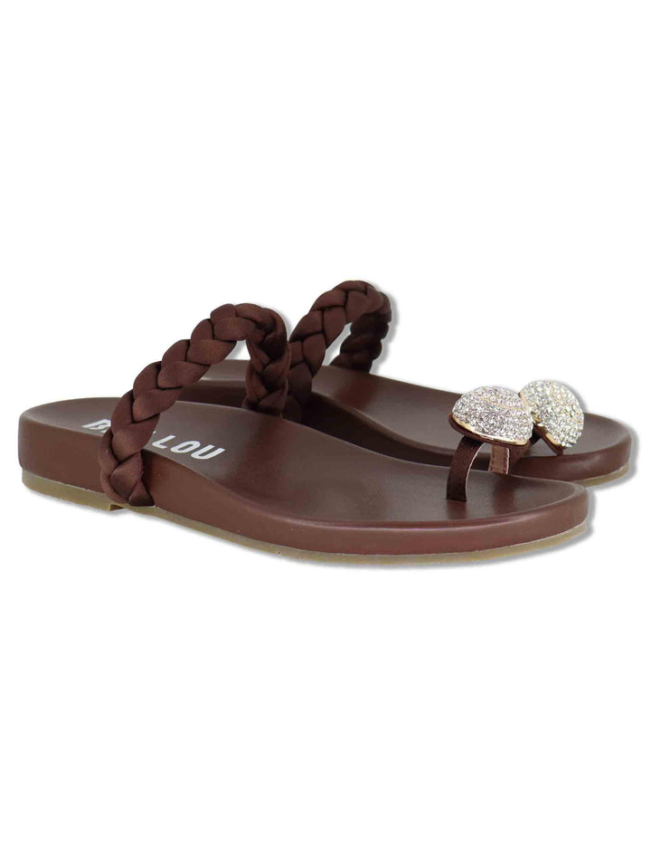 Sandali donna infradito in pelle marrone con pietra gioiello e fubbett basso Balne 880Z80HG 90-MARRON Bibi Lou 