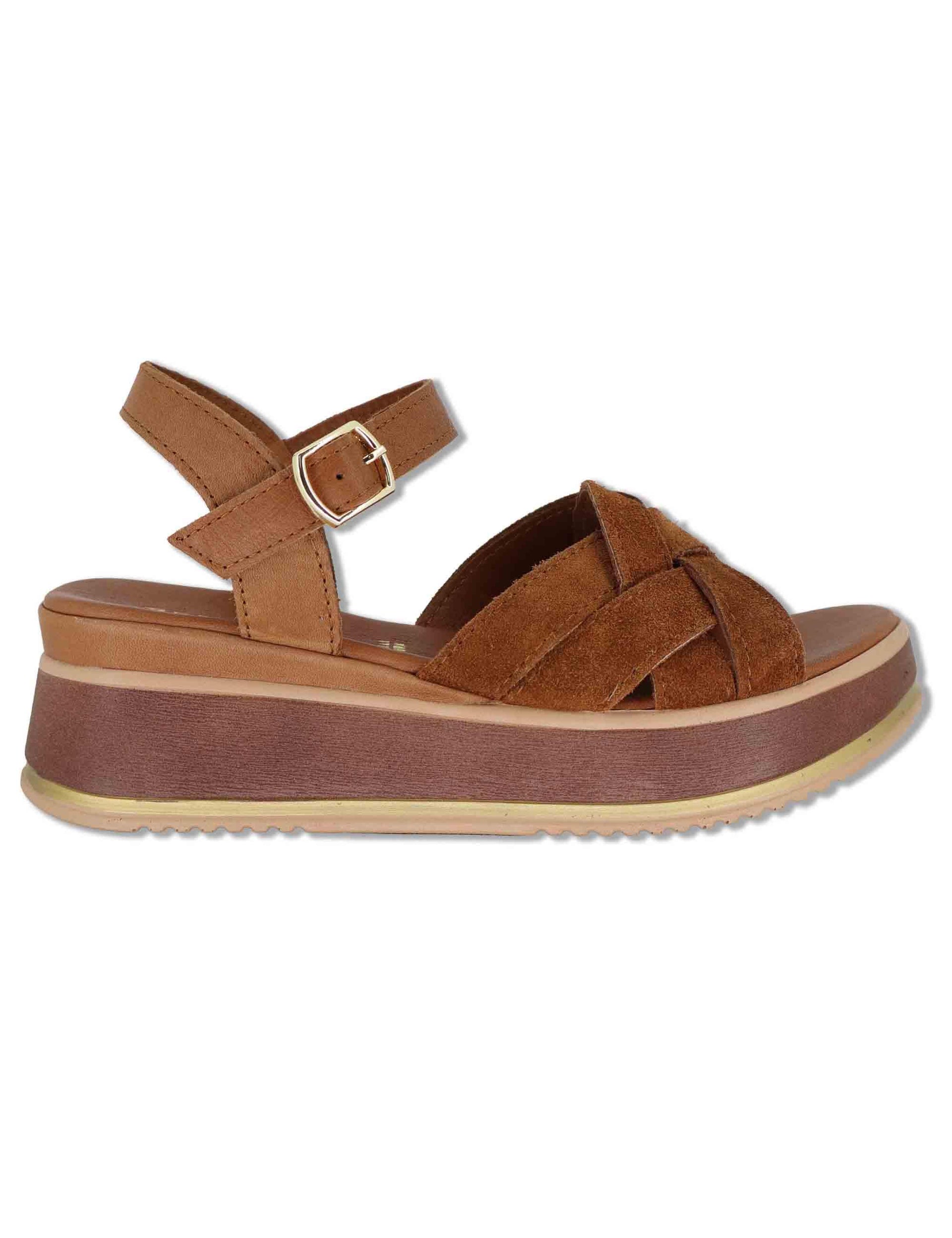 Sandali donna in camoscio cuoio con cinturino alla caviglia e zeppa in gomma SP261325 014 Spatarella 