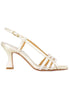 Women's silngback sandals in platinum laminated leather with high heel and square toe