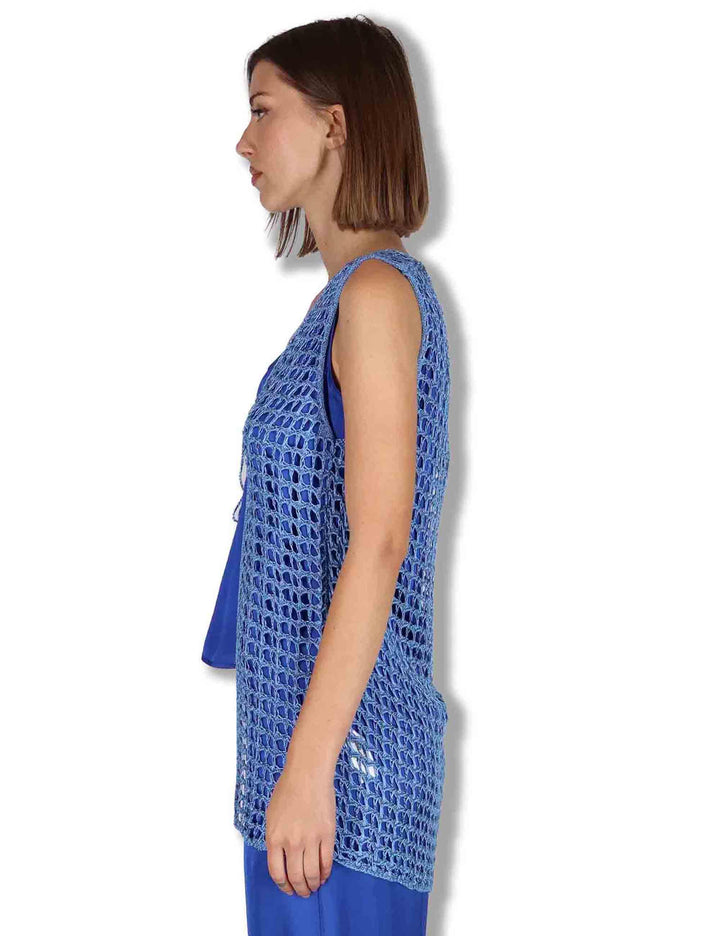 Gilet donna Metallic Lurex in cotone blu e argento con nappine JE113078213 96009 Maliparmi 