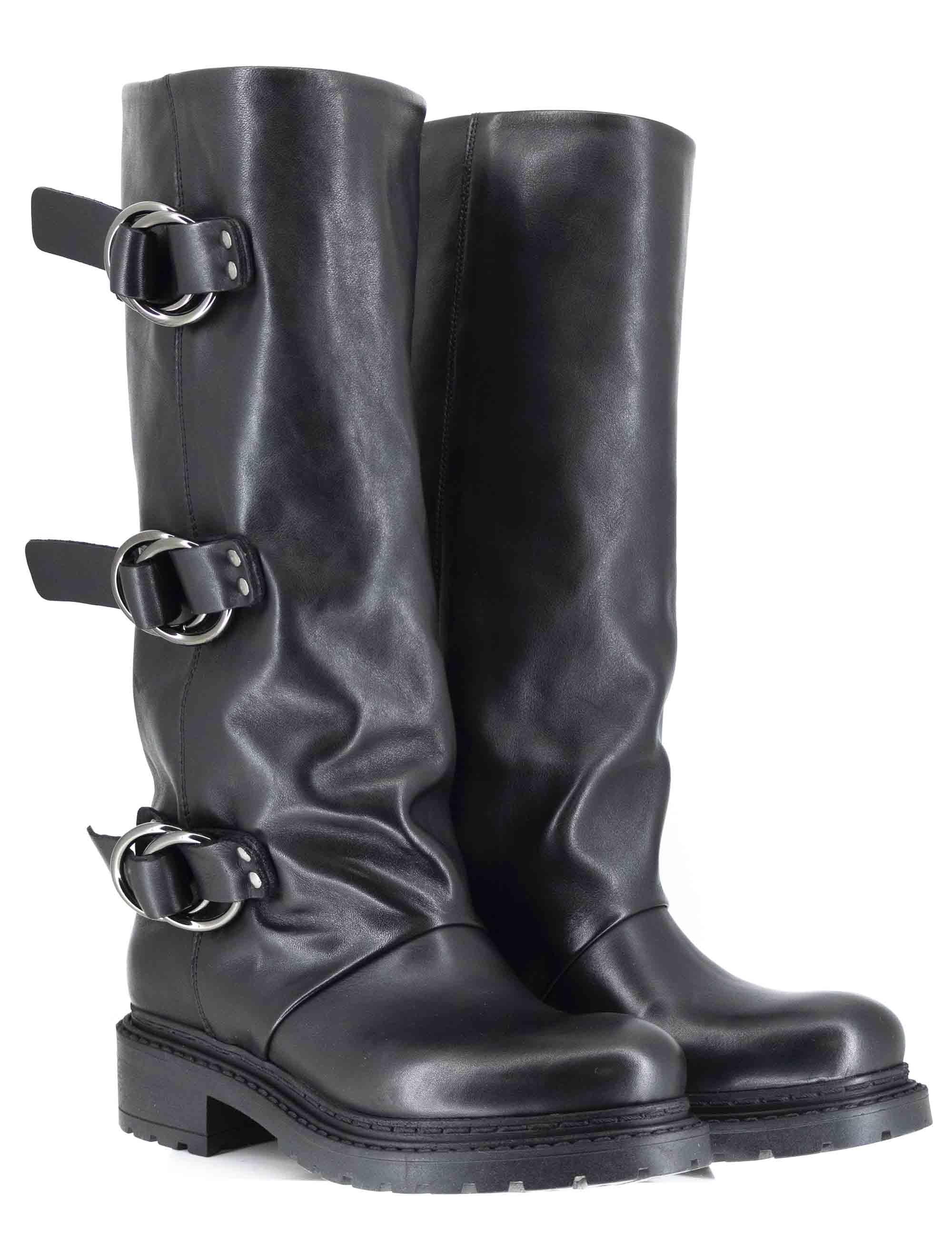 Stivali anfibi donna in pelle nera con fibbie laterali SPMA2460 001 Spatarella 