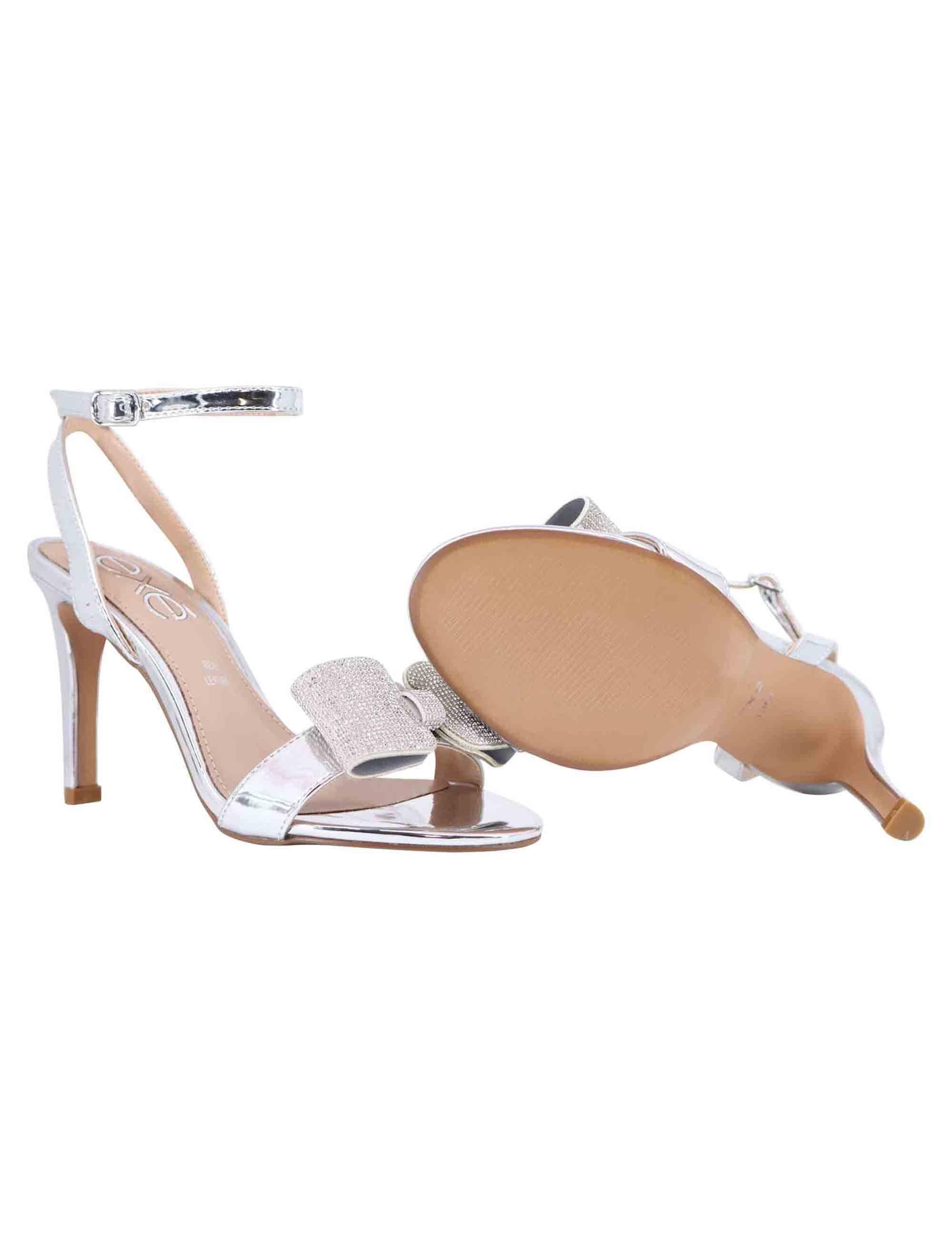 Sandali donna in eco pelle laminata argento con tacco alto e strass S4700803558E 380 Exe 