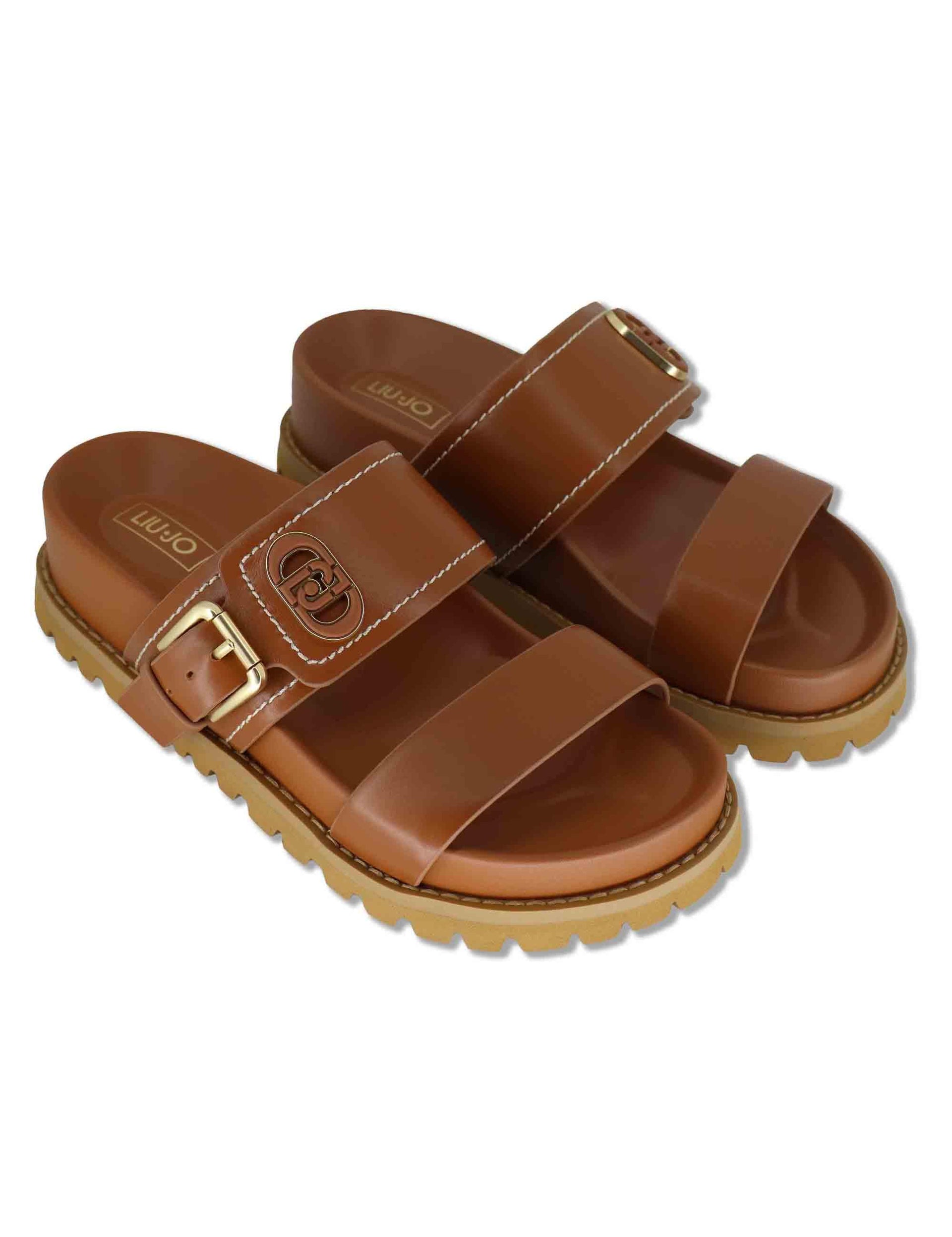 Sandali donna in pelle cuoio con fibbia laterale e fussbett di 4 cm LIVIA 02 SADDLE Liu-Jo 