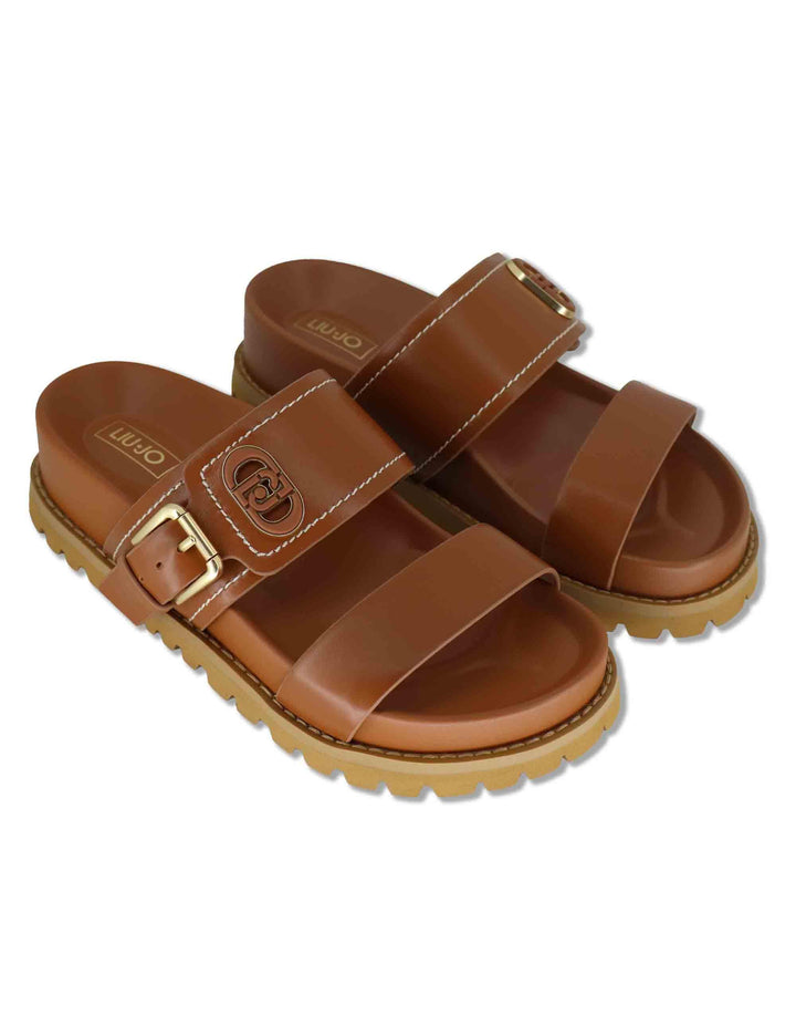 Sandali donna in pelle cuoio con fibbia laterale e fussbett di 4 cm LIVIA 02 SADDLE Liu-Jo 