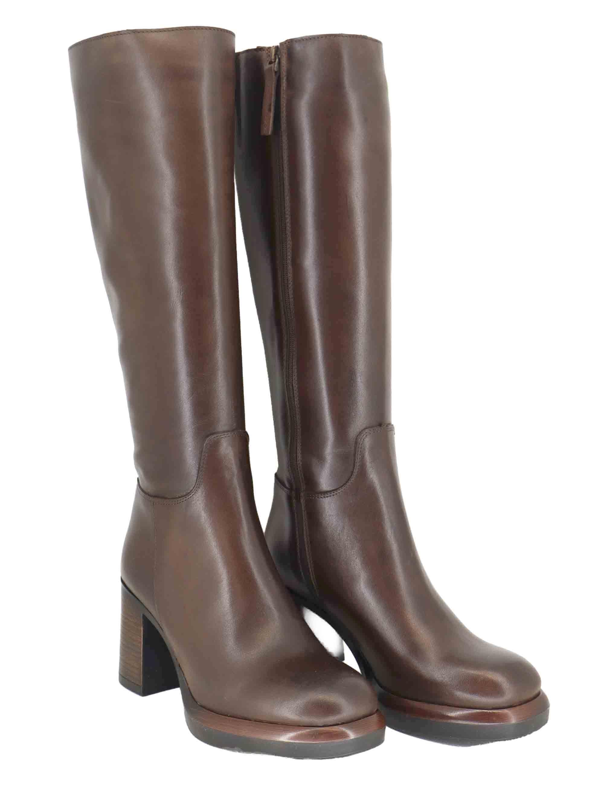 Stivali donna in pelle marrone con con tacco alto e plateau SPST7012 014 Spatarella 