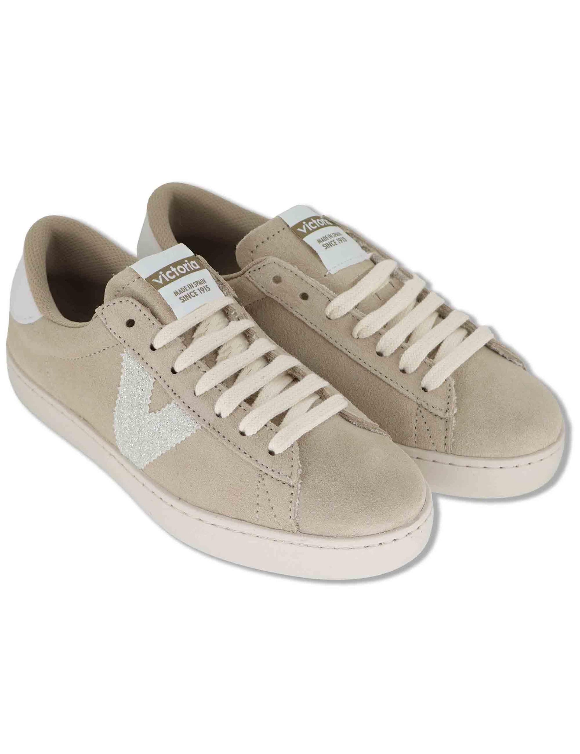 Sneakers donna Berlin in camoscio beige con logo in glitter 1126239 80_Beige Victoria 