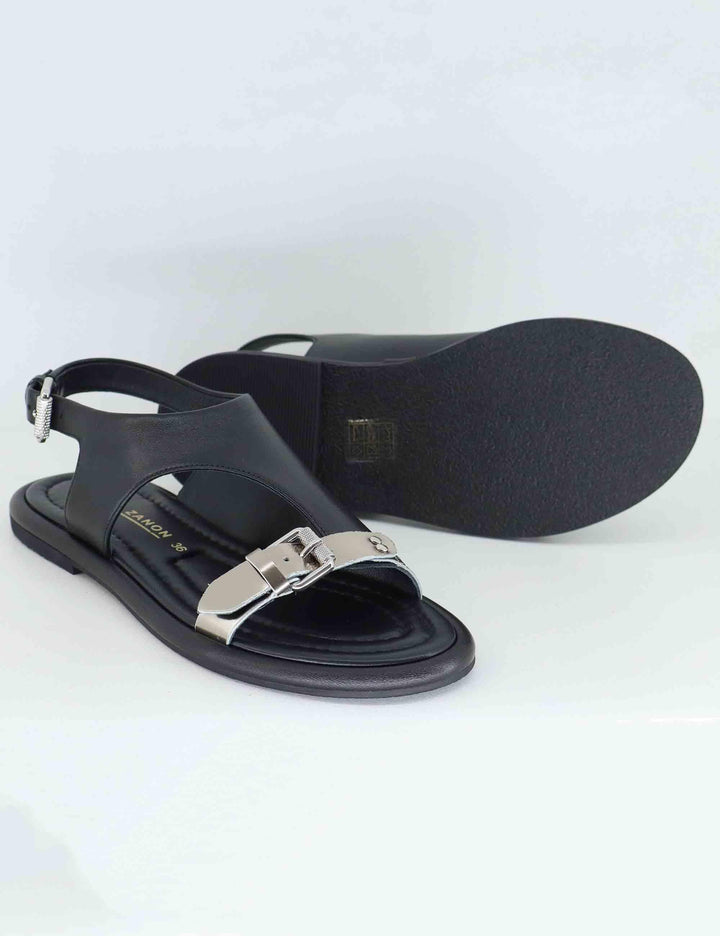 Sandali flat donna in pelle nera con cinturino posteriore EB1104X 605 Elvio Zanon 