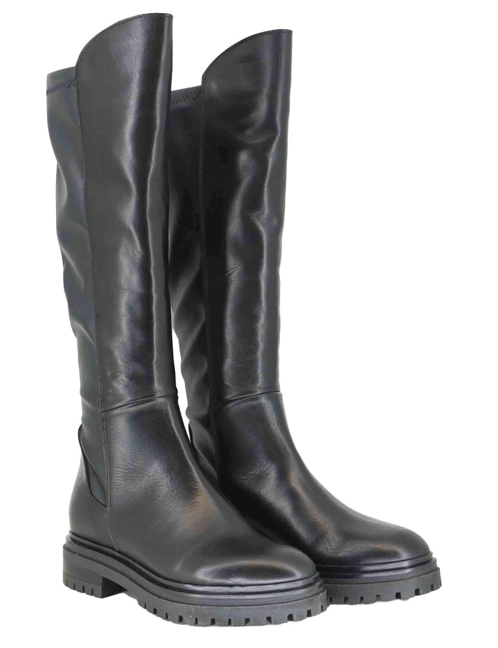 Stivali donna in pelle nera con suola in gomma carrarmato e tacco basso SPST1652 001 Spatarella 