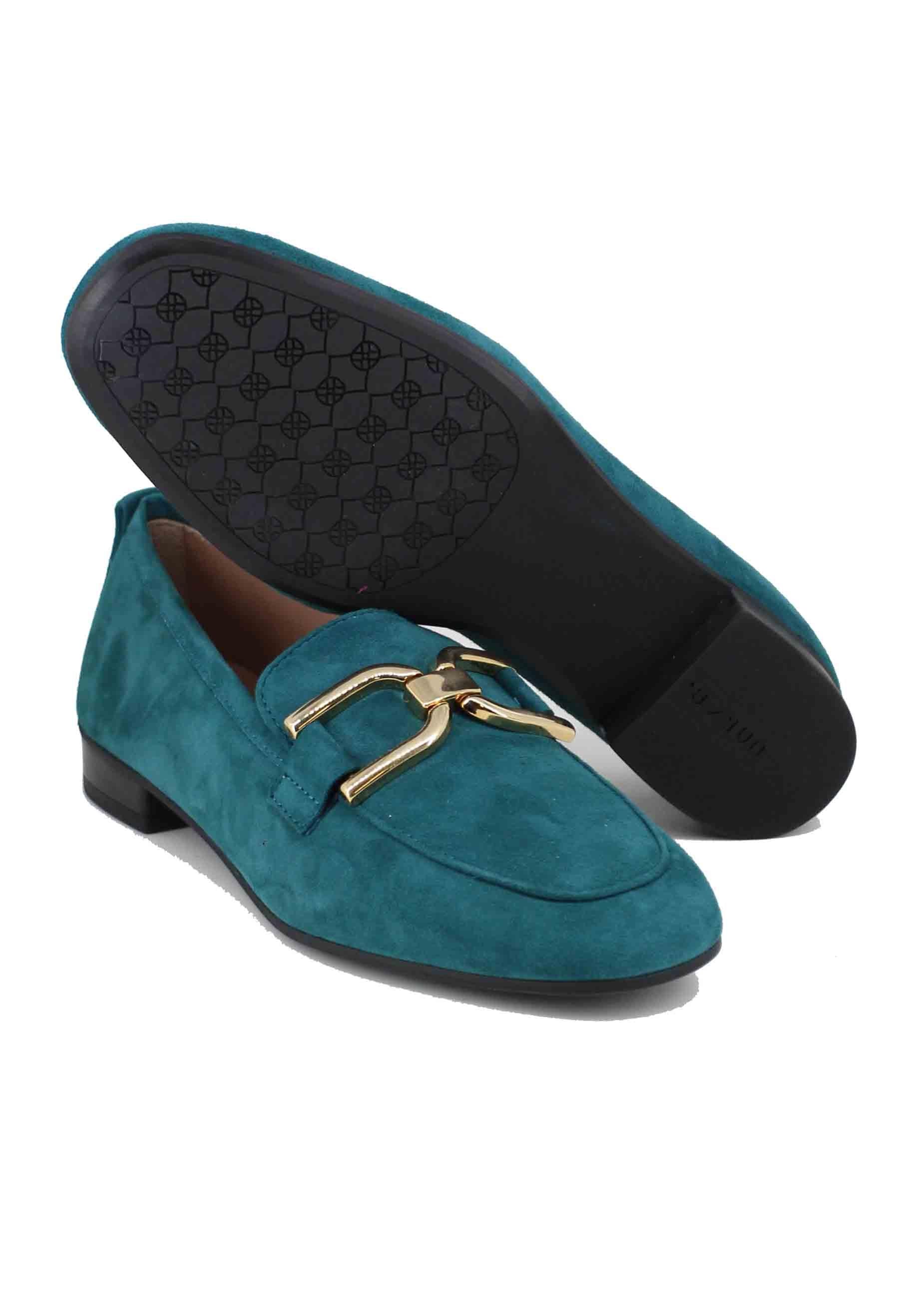 Mocassini donna in camoscio petrolio con morsetto oro BAXTER KS DARK TEAL Unisa 