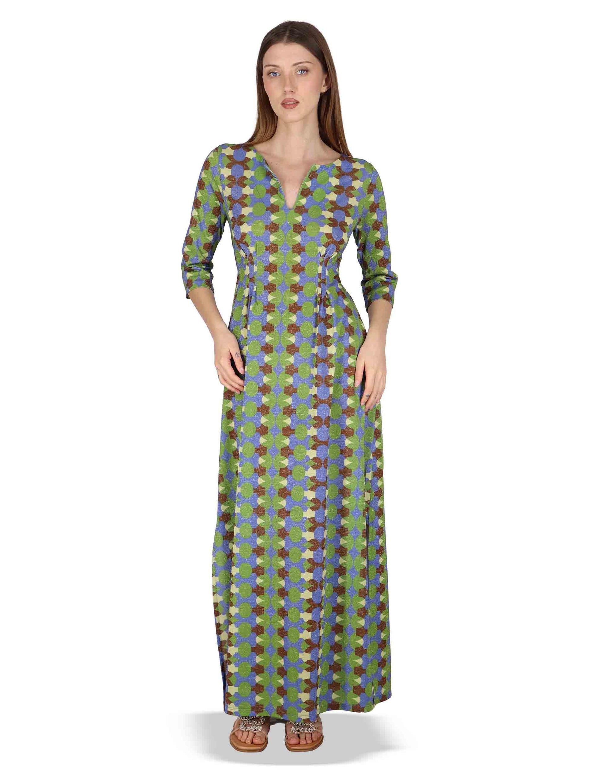 Abiti donna Long Kaftan in tessuto turchese a fantasia e maniche 3/4 JFAAB0001-F1506-1261 6090 Justmine 