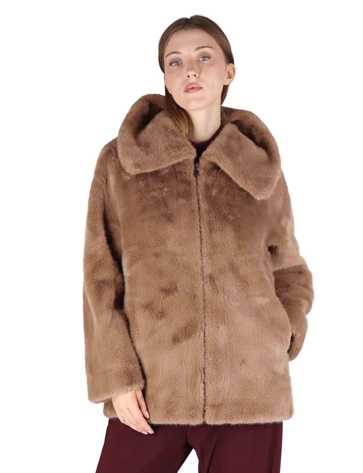 Giacche reversibili donna in eco fur marrone con zip SP25310 BROWN Spatarella 