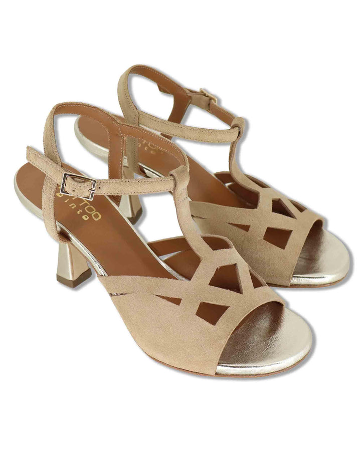 Sandali donna in camoscio beige con tacco alto e cinturino regolabile alla caviglia 1033 018 Tattoo 