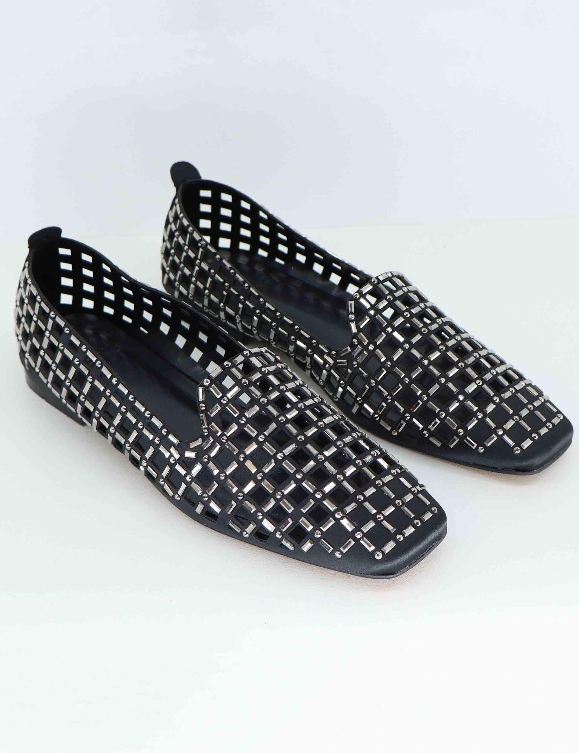 Mocassini donna in tessuto nero con strass U128B090109F SMP09 Exe 